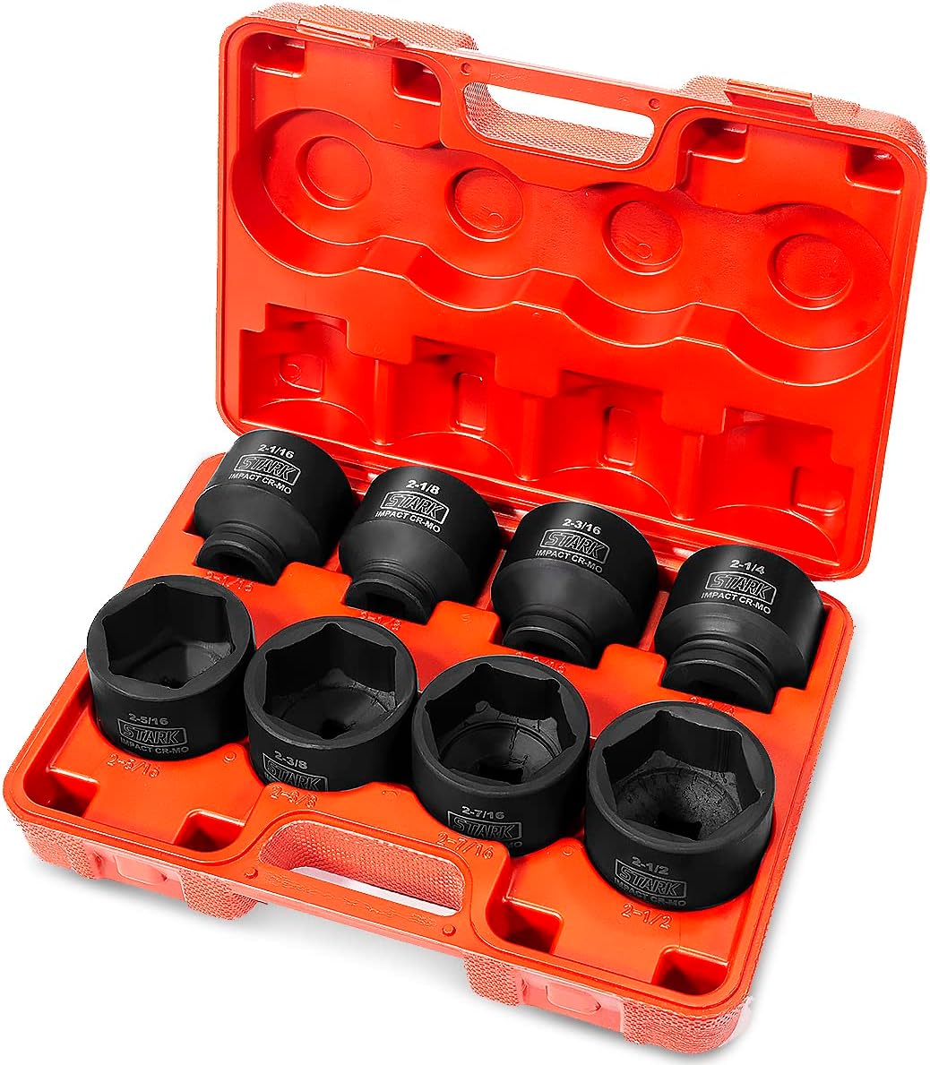 Stark USA Premium 3/4' inch Drive Large Jumbo Shallow Impact Socket Set SAE (2-1/16' - 2-1/2') Cr-Mo Steel 6-Point, 8-Piece Socket Set With Case