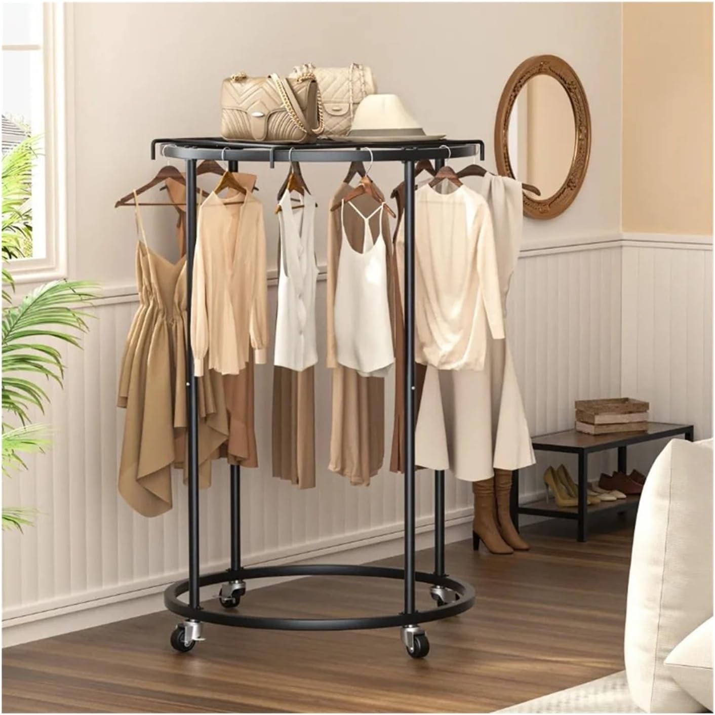 Rolling Clothing Rack Clothing Garment Rack Round Clothes Rack with 4 Universal Wheels(Color1)