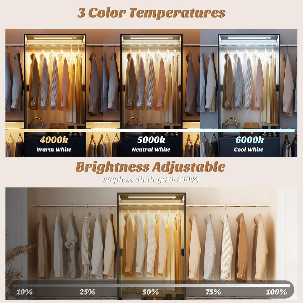 Aheaplus Closet System with Motion-Sensing Light, 3 Wooden Drawers and 4 Hanging Rods, Customizable Walk-in Closet Organizer with 3CCT LED, Heavy Duty Garment Rack for Bedroom,Black
