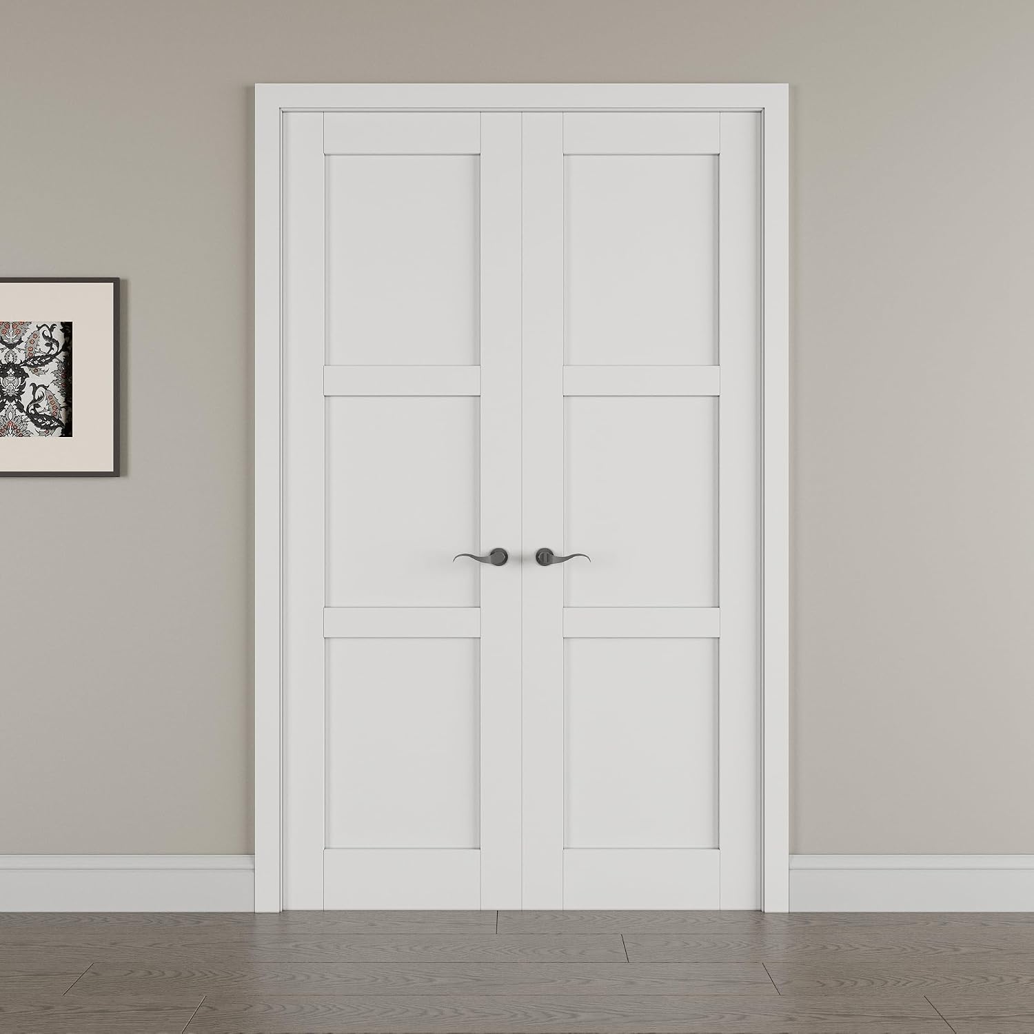 48' x 80' French Doors Interior (Double 24' x 80' 3-Lite Panel Door with Black Hinge Prehung Jamb Kit), Pre-Finished & Paintable, Prebuilt Home Door Panels & Assembly Required Jamb