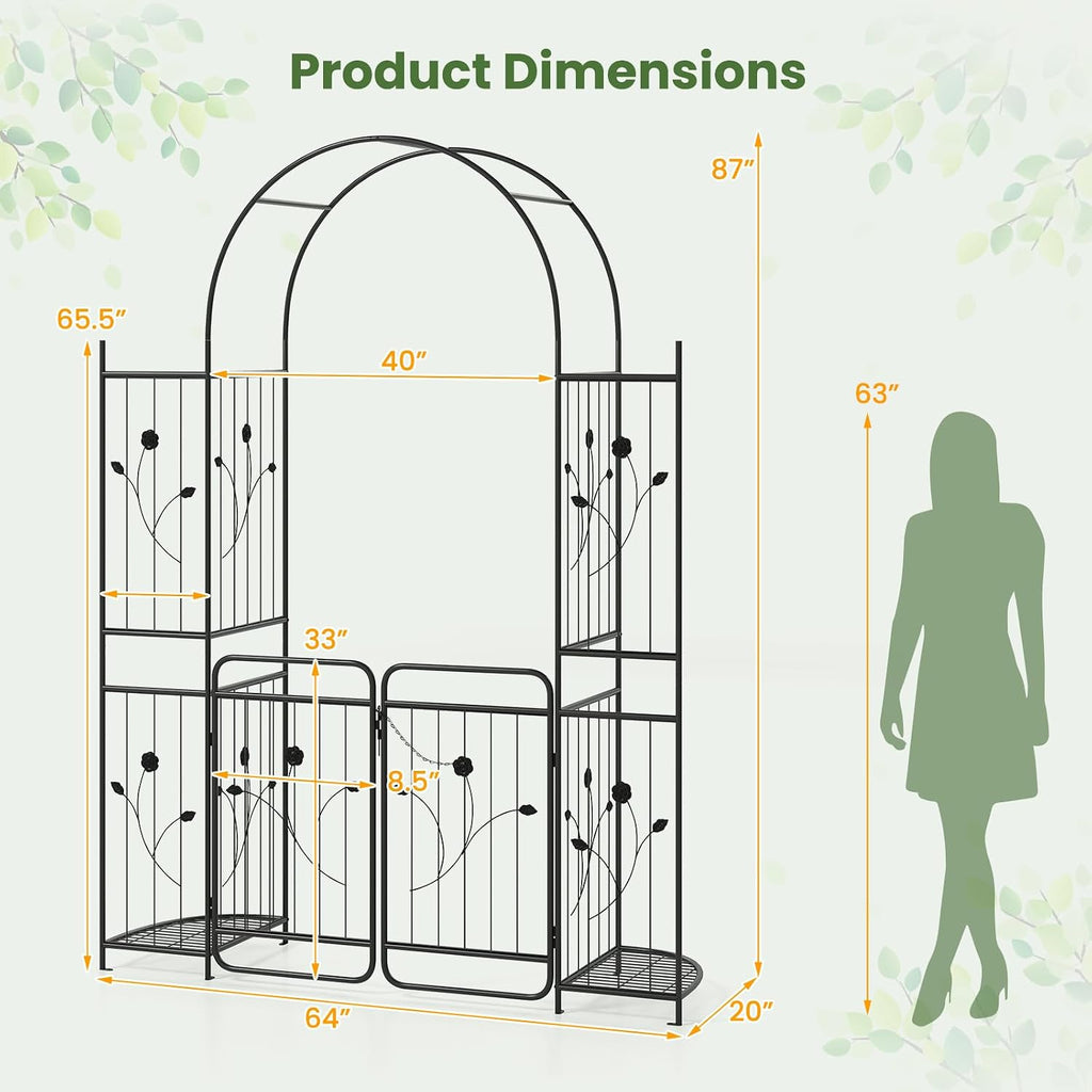 HAPPYGRILL 87' Garden Arbor with Gate, Garden Arch with Planter Shelves, Climbing Trellises, Metal Arbor Archway for Outdoor Climbing Plant Vine, Wedding Arch for Ceremony Backyard Patio Party Decor