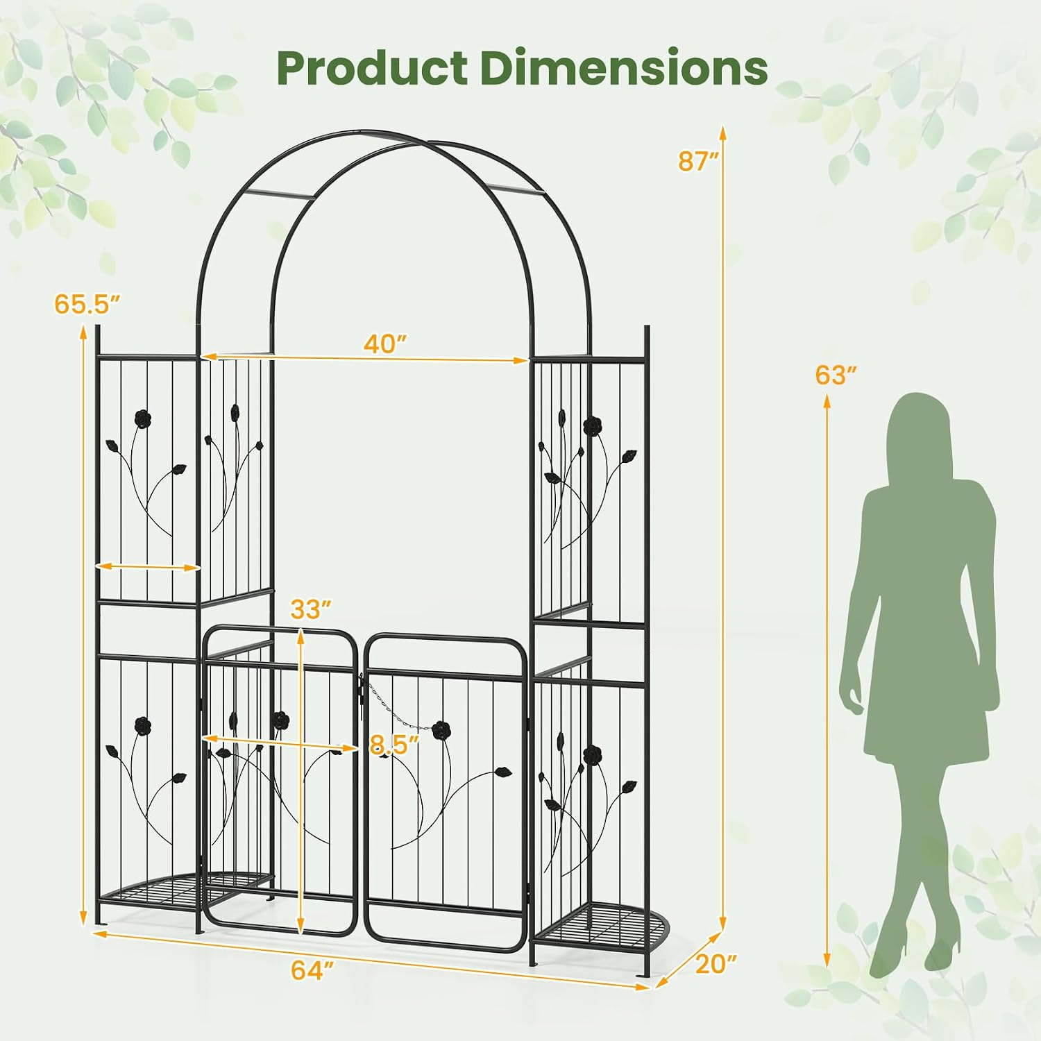 HAPPYGRILL 87' Garden Arbor with Gate, Garden Arch with Planter Shelves, Climbing Trellises, Metal Arbor Archway for Outdoor Climbing Plant Vine, Wedding Arch for Ceremony Backyard Patio Party Decor