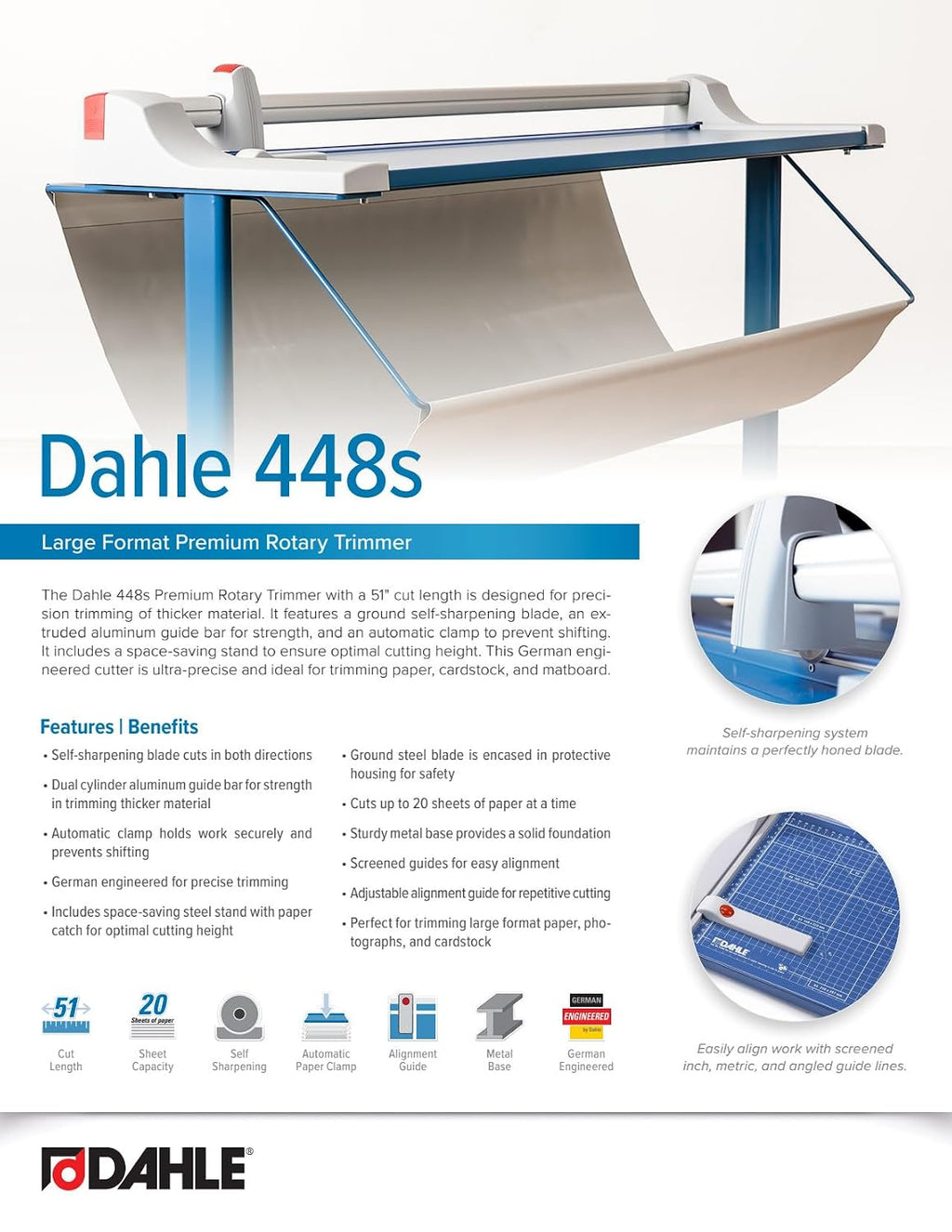 Dahle 448s Premium Rotary Trimmer w/Stand, 51' Cut Length, 20 Sheet Capacity, Self-Sharpening, Automatic Clamp, German Engineered Paper Cutter