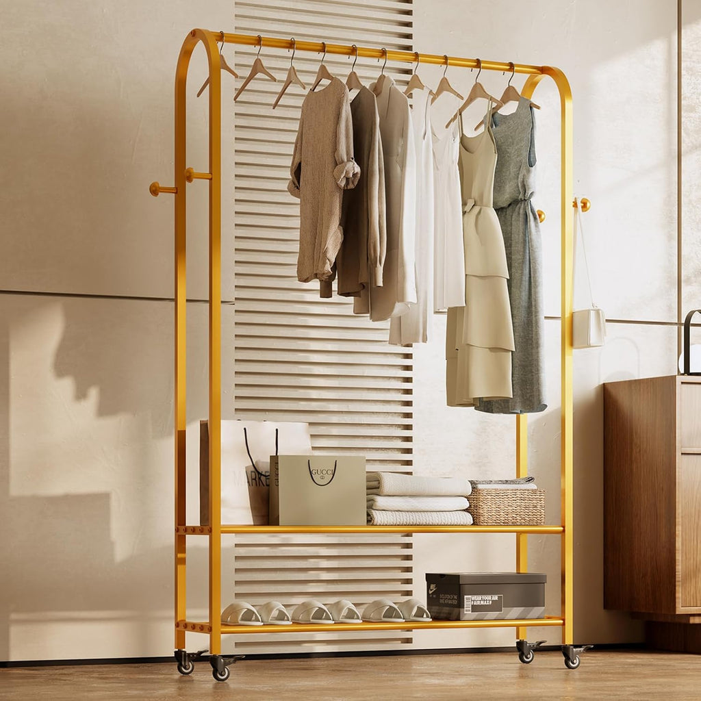 Sturdy Heavy Duty Clothes Rack With Wheels,Modern Clothing Rack With Shelves & hooks, Garment Racks for Hanging Clothes,Closet Rack for Bedroom,49.21in Wide,Clothes Storage and Display (gold)