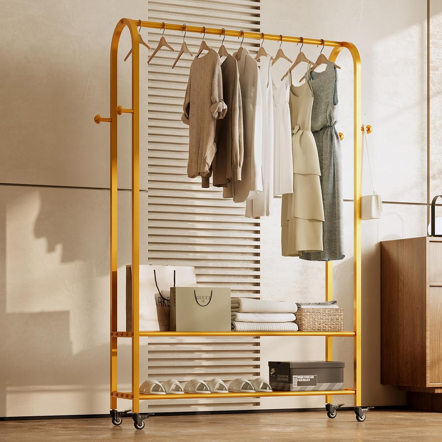 Sturdy Heavy Duty Clothes Rack With Wheels,Modern Clothing Rack With Shelves & hooks, Garment Racks for Hanging Clothes,Closet Rack for Bedroom,49.21in Wide,Clothes Storage and Display (gold)