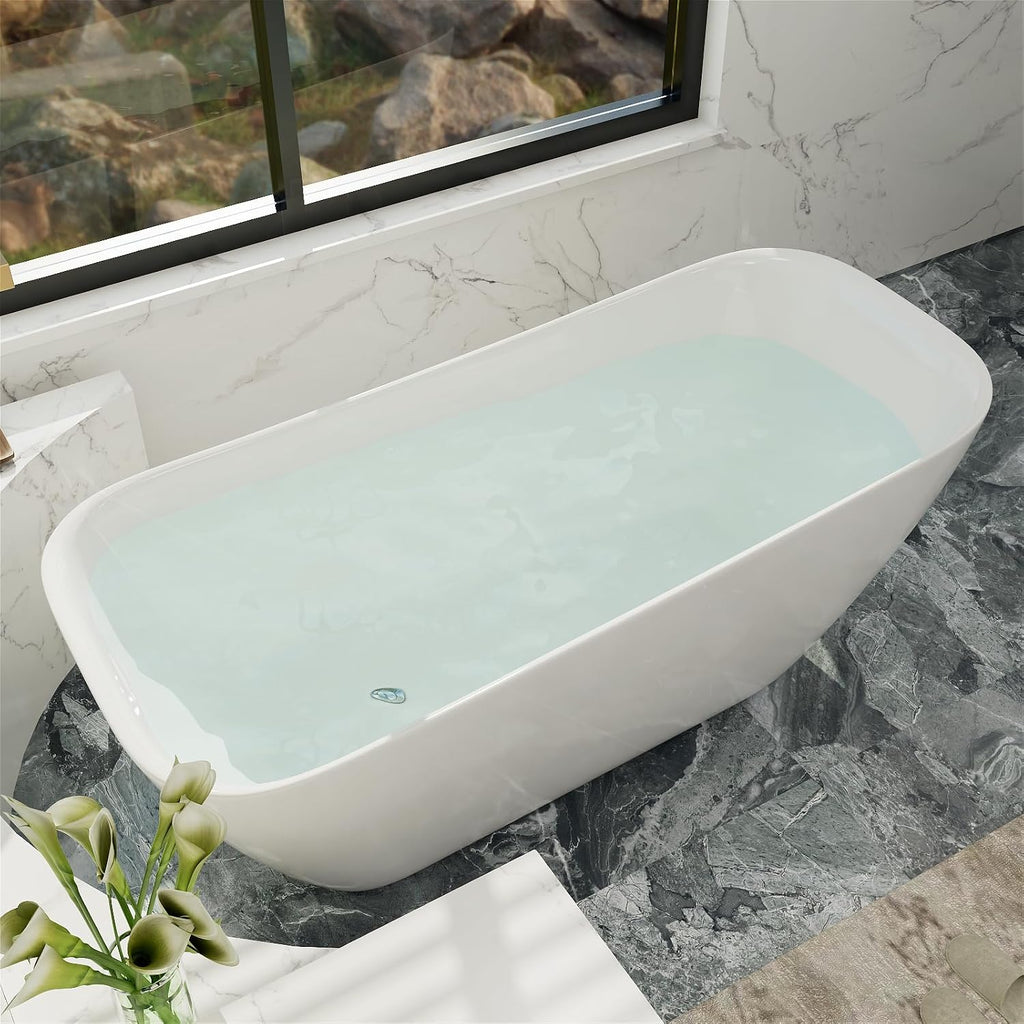 Acrylic Freestanding Bathtub, Single Slipper Free Standing Tub, Soaking Tub with Integrated Slotted Overflow, Toe-Tap Chrome Drain, cUPC Certified, Glossy White