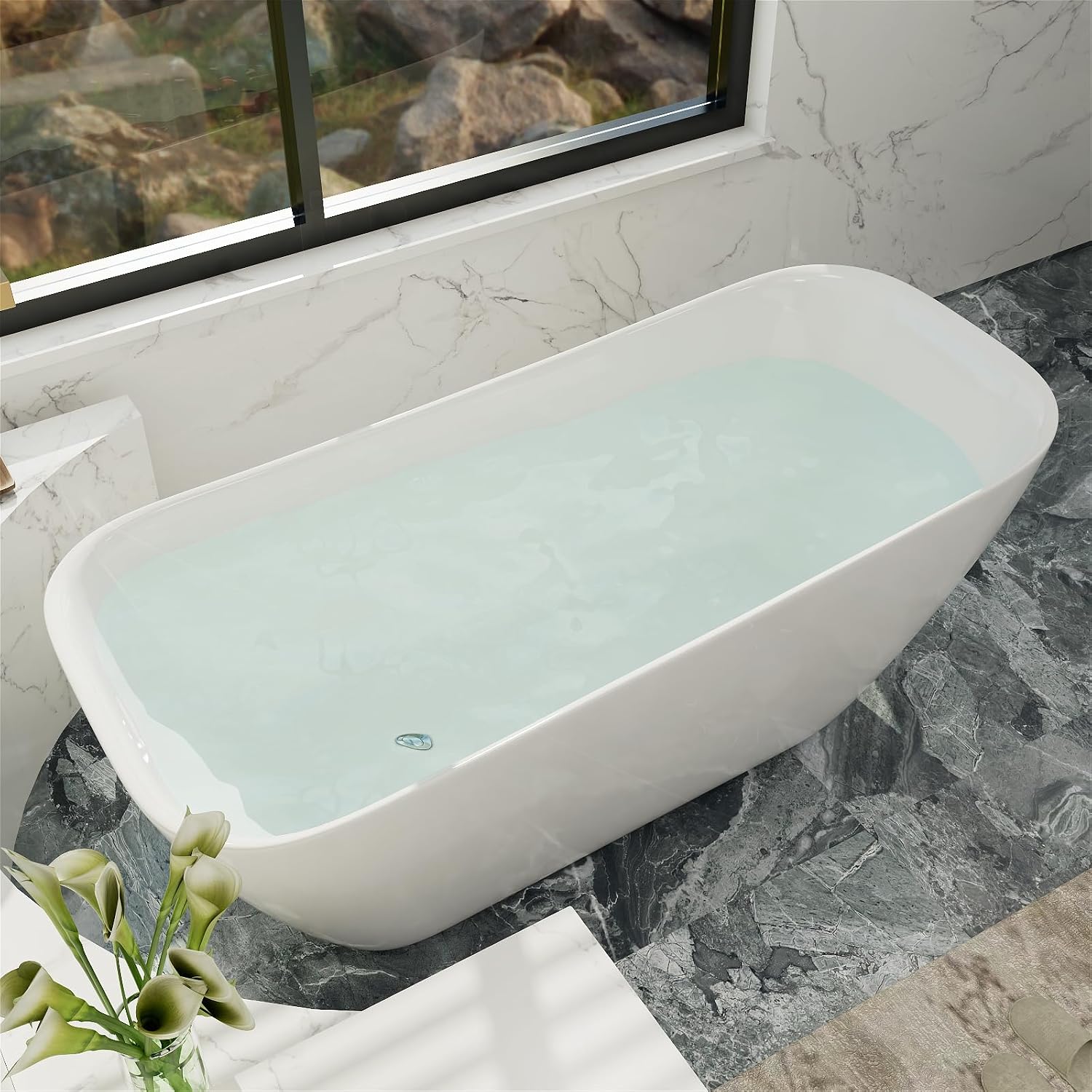 Acrylic Freestanding Bathtub, Single Slipper Free Standing Tub, Soaking Tub with Integrated Slotted Overflow, Toe-Tap Chrome Drain, cUPC Certified, Glossy White