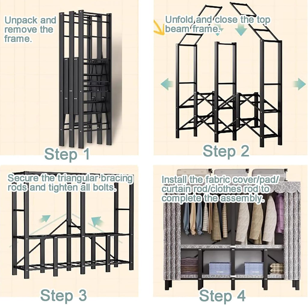Foldable Portable Wardrobe Closet with Cover, Heavy Duty Clothing Rack for Hanging Clothes, Metal Garment Rack(98.7in/250cm)