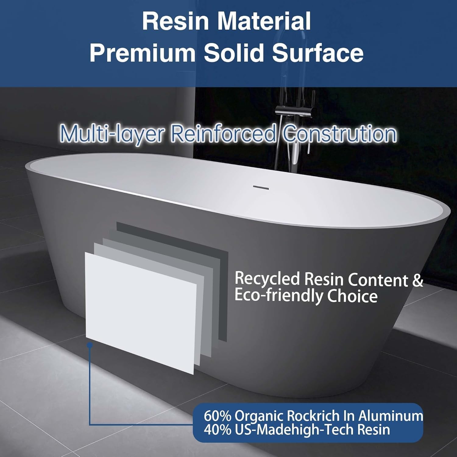 67' Freestanding Solid Surface Bathtub,Stone Resin Bathtub with Drain, Luxurious Soaking Tub for Bathrooms, Freestanding Bathtub for Comfort,Matt White