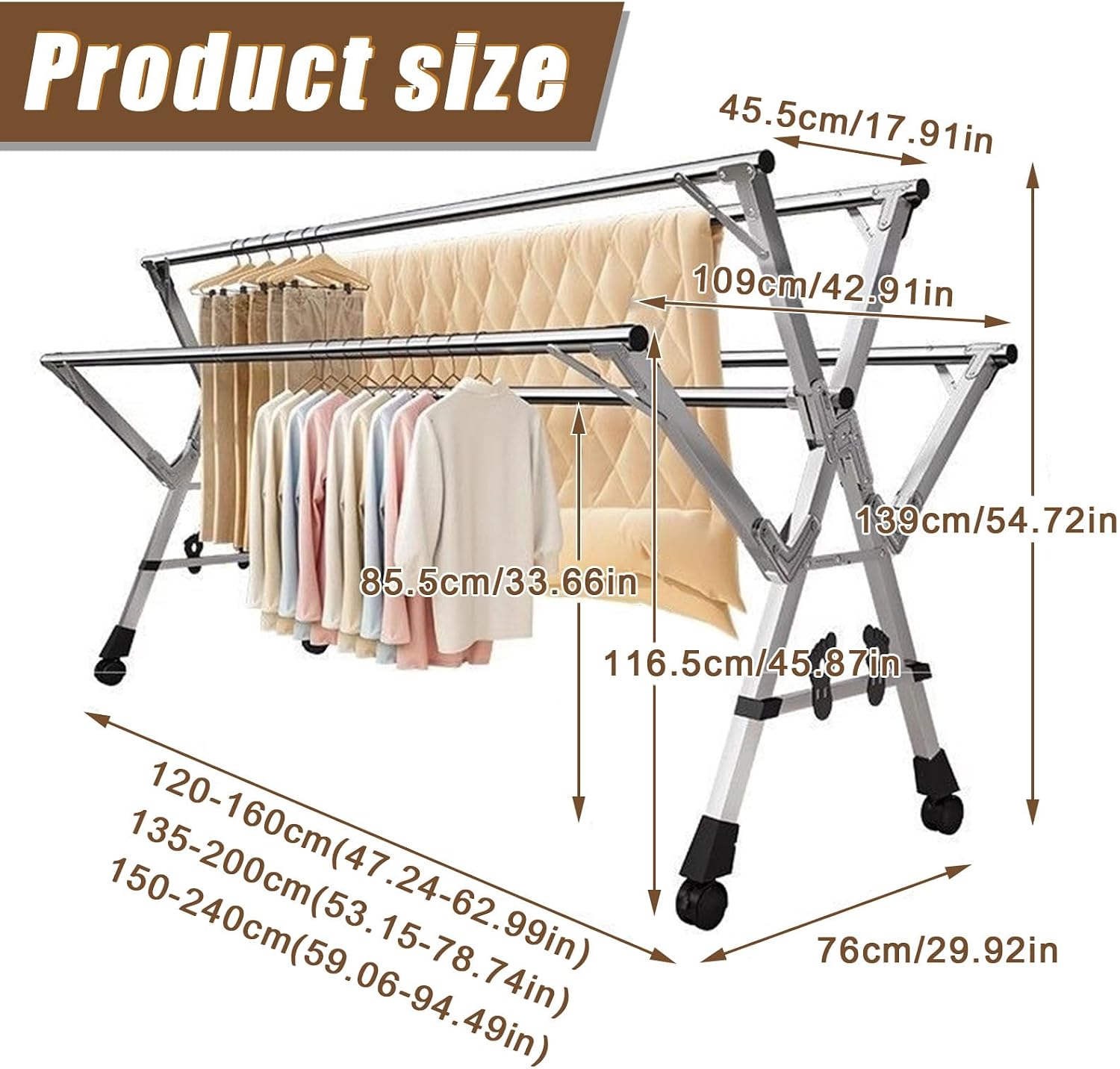 Clothes Drying Rack Foldable 5 Rods Indoor Outdoor Garment Racks - Stainless Steel Standing Dry Racks - Drying Rack for Bed Linen, Clothing, Socks, Shoe,Without Wheels,2M/6.56FT