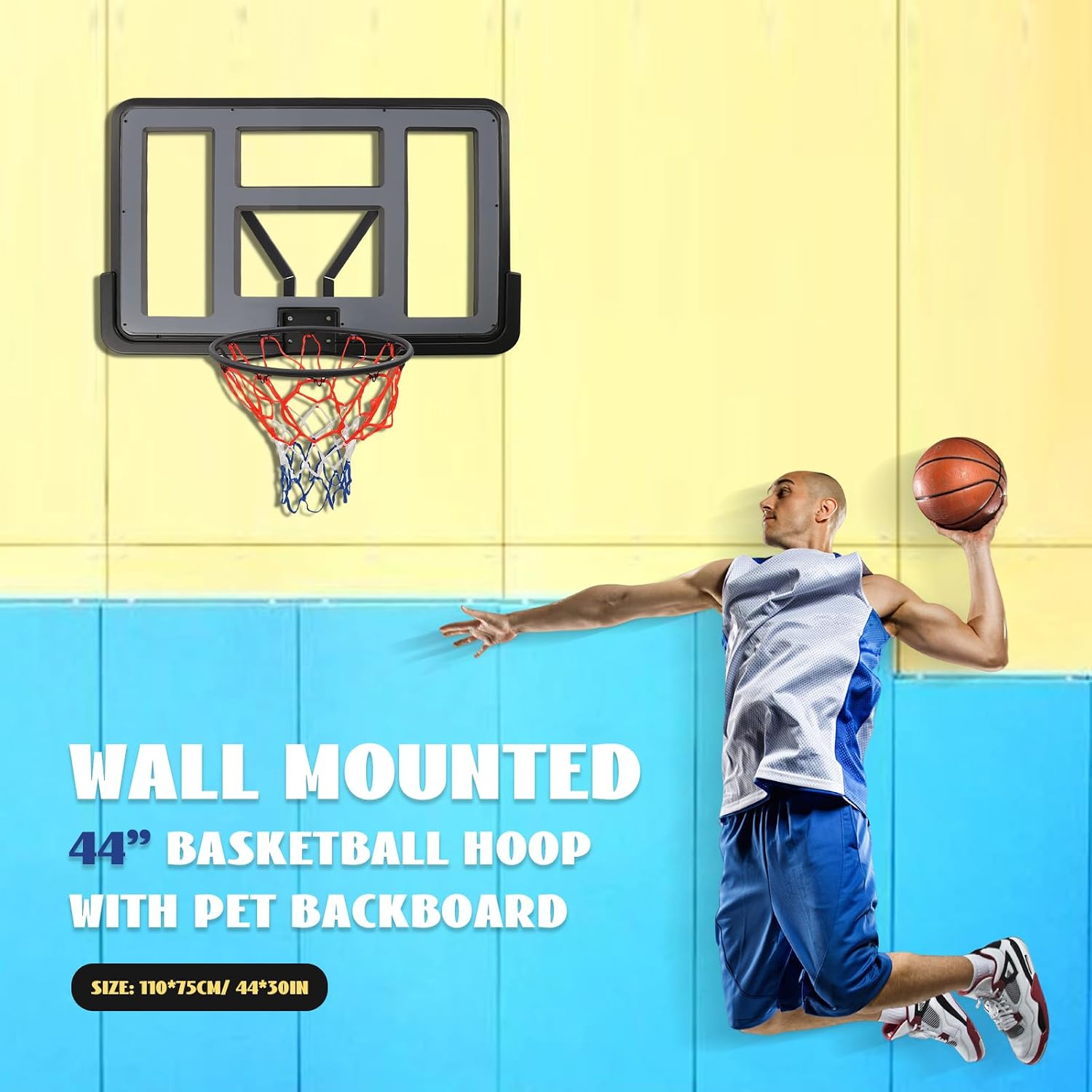 Wall-Mounted Basketball Hoop, 40'' x 30'' Mini Basketball Hoop with Backboard Rim Horn Bracket Basket Net for 7# and Below Basketball, Indoor Outdoor Basketball Hoop