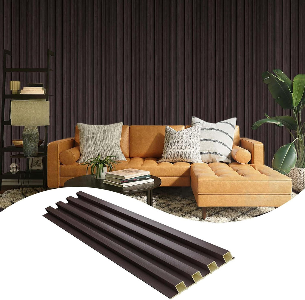OUZUGIE WPC Acoustic Slat Wall Paneling, 8-Pack 114 x 6 Inches 3D Wall Panels for Interior Wall Decor,Living Room,TV Background,Study Room,Office Spaces,Bedroom,High Grille (Walnut)