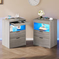 Tiptiper LED Nightstand Set of 2, Gray Nightstand with Wireless Charging Station, Night Stand with Drawers & Pull-Out Shelf, Modern Bedside Table with Storage, End Side Table