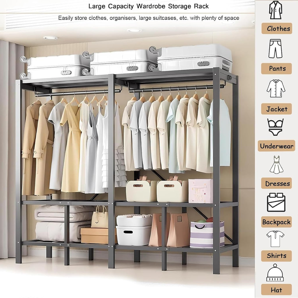 Heavy Duty Portable Wardrobe Closet Rack - Foldable Metal Clothe Rack With Cover, 2000lbs Large Capacity Fabric Wardrobe, Space-saving Wardrobe Clothing Organizer, For Hanging Clothes(180*52*172cm)