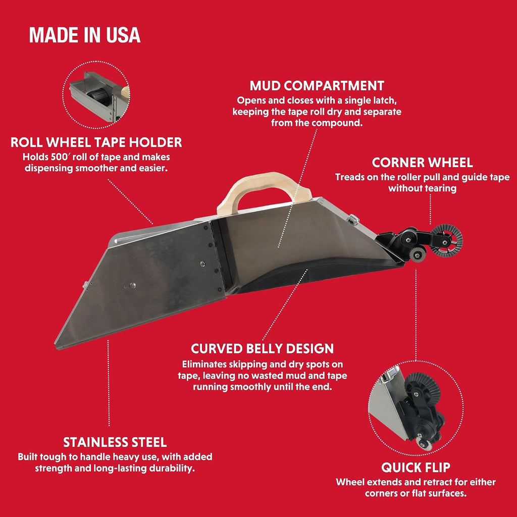 Drywall Taping Banjo – Semi-Automatic Even Flow Design | Advance Equipment MFG Co. | Stainless Steel, Curved Belly, Corner Wheel Feature | 100+ Years Family Owned USA Made (Corner Wheel Style)