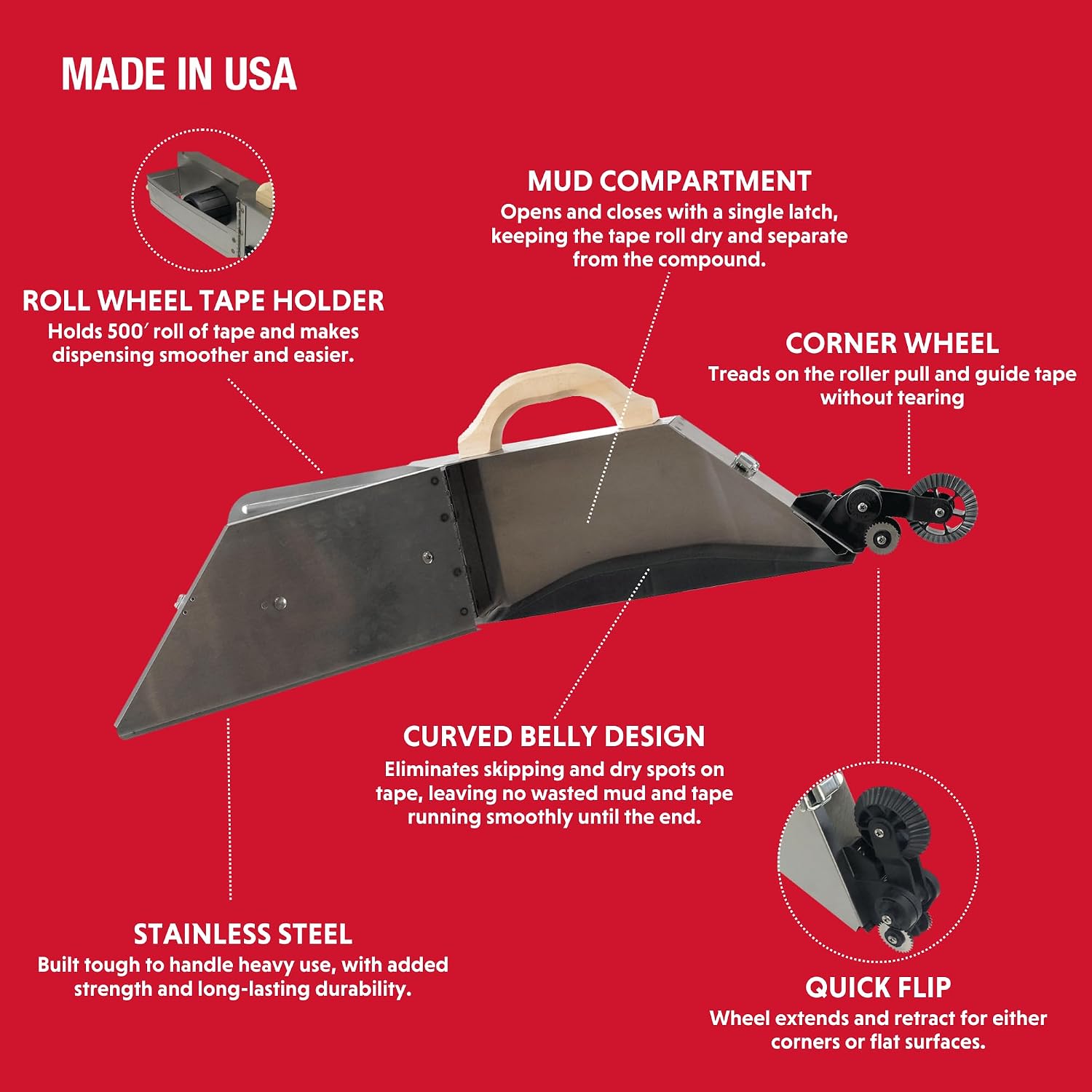 Drywall Taping Banjo – Semi-Automatic Even Flow Design | Advance Equipment MFG Co. | Stainless Steel, Curved Belly, Corner Wheel Feature | 100+ Years Family Owned USA Made (Corner Wheel Style)
