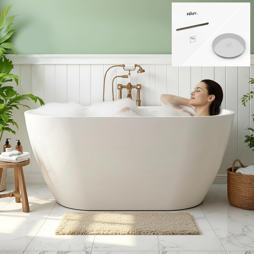 FerdY 55' Acrylic Freestanding Bathtub, Contemporary Soaking tub with Chrome Drain & Overflow, cUPC Certified, Elegant Oval Shape, Bali