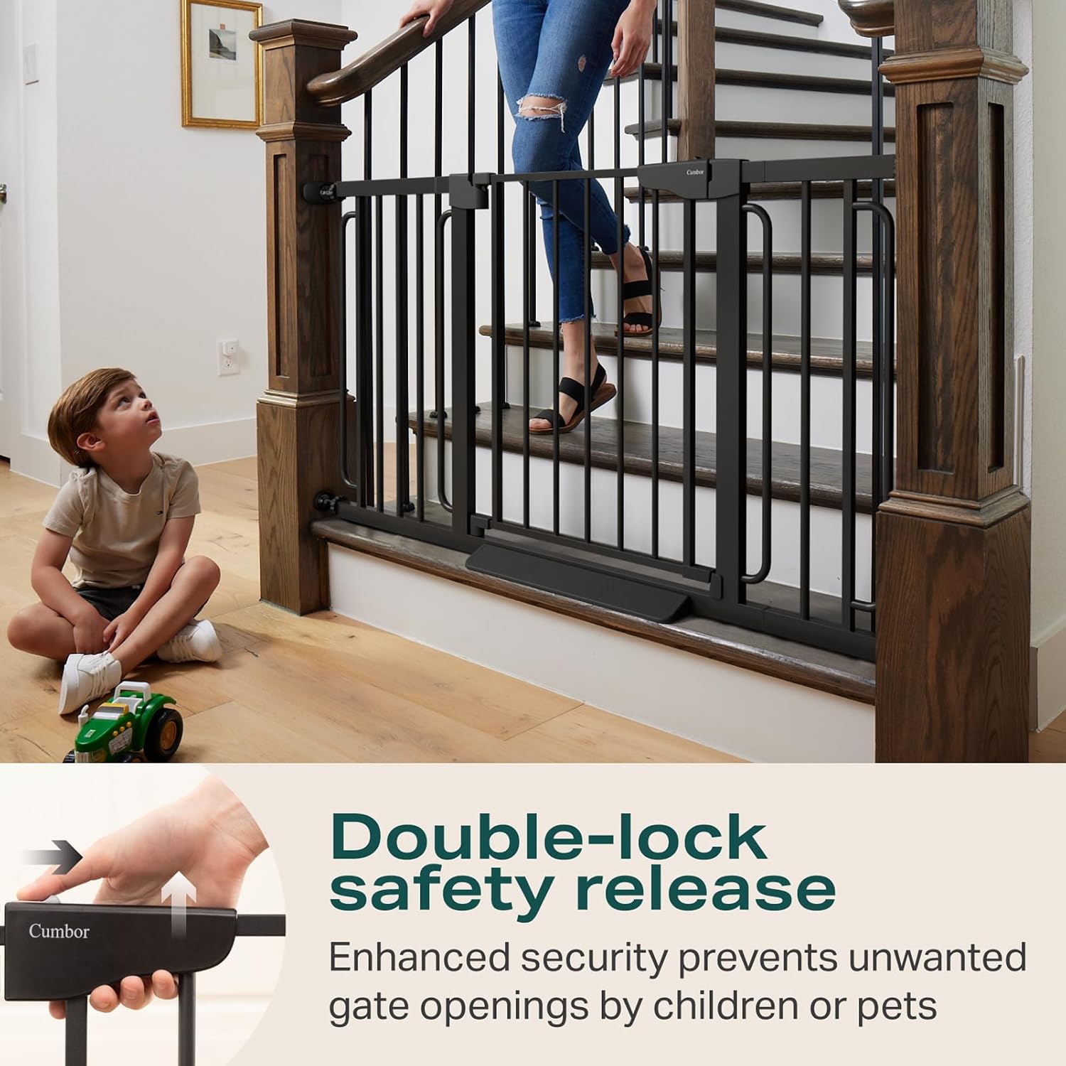 Cumbor 29.7-57' Extra Wide Baby Gate for Stairs, Mom's Choice Awards Winner-Dog Gate for Doorways, Pressure Mounted Walk Through Safety Child Gate for Kids Toddler, Tall Pet Puppy Fence Gate, Black