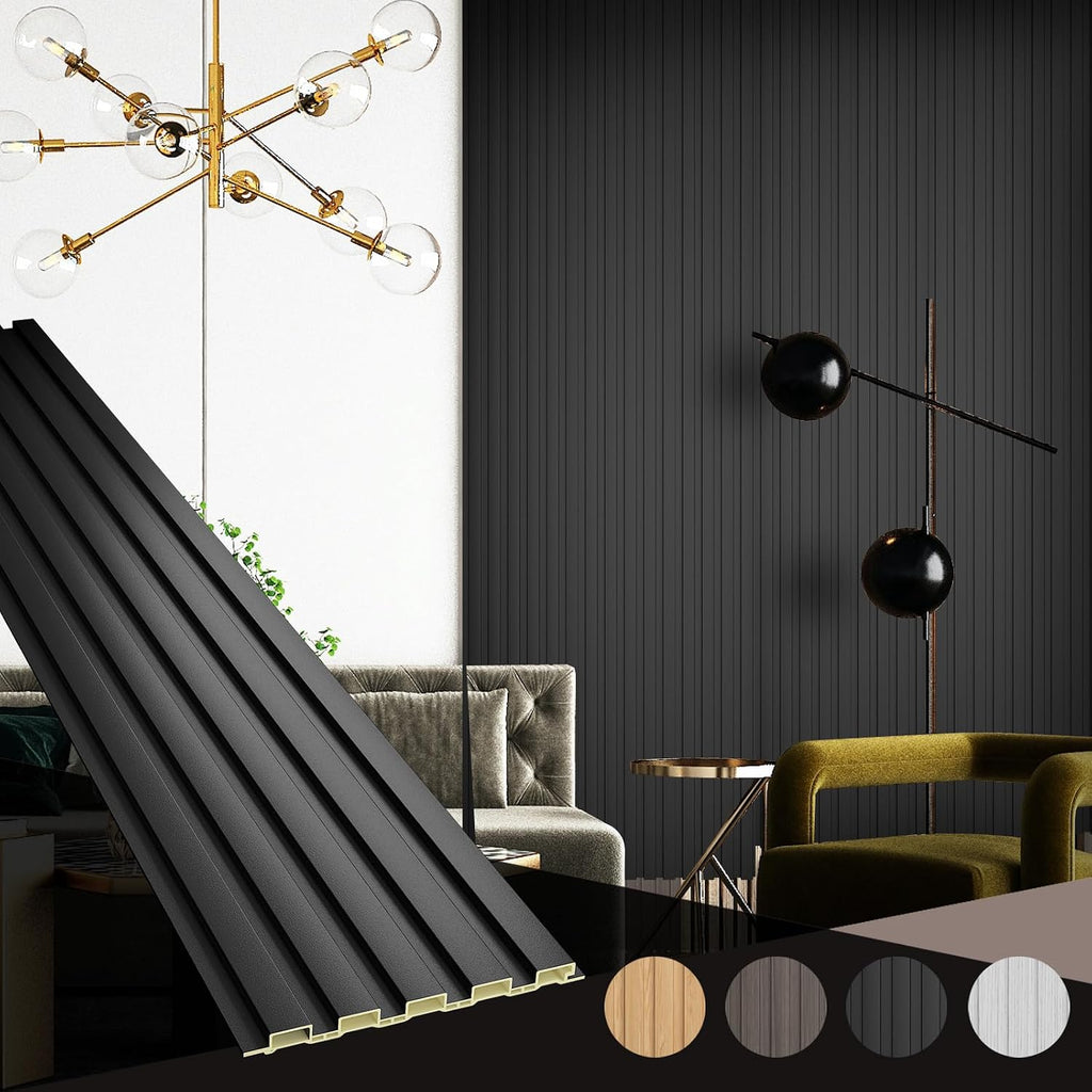 OUZUGIE WPC Acoustic Slat Wall Paneling, 8-Pack 114 x 6 Inches 3D Wall Panels for Interior Wall Decor,Living Room,TV Background,Study Room,Office Spaces,Bedroom,Low Grille (Black)