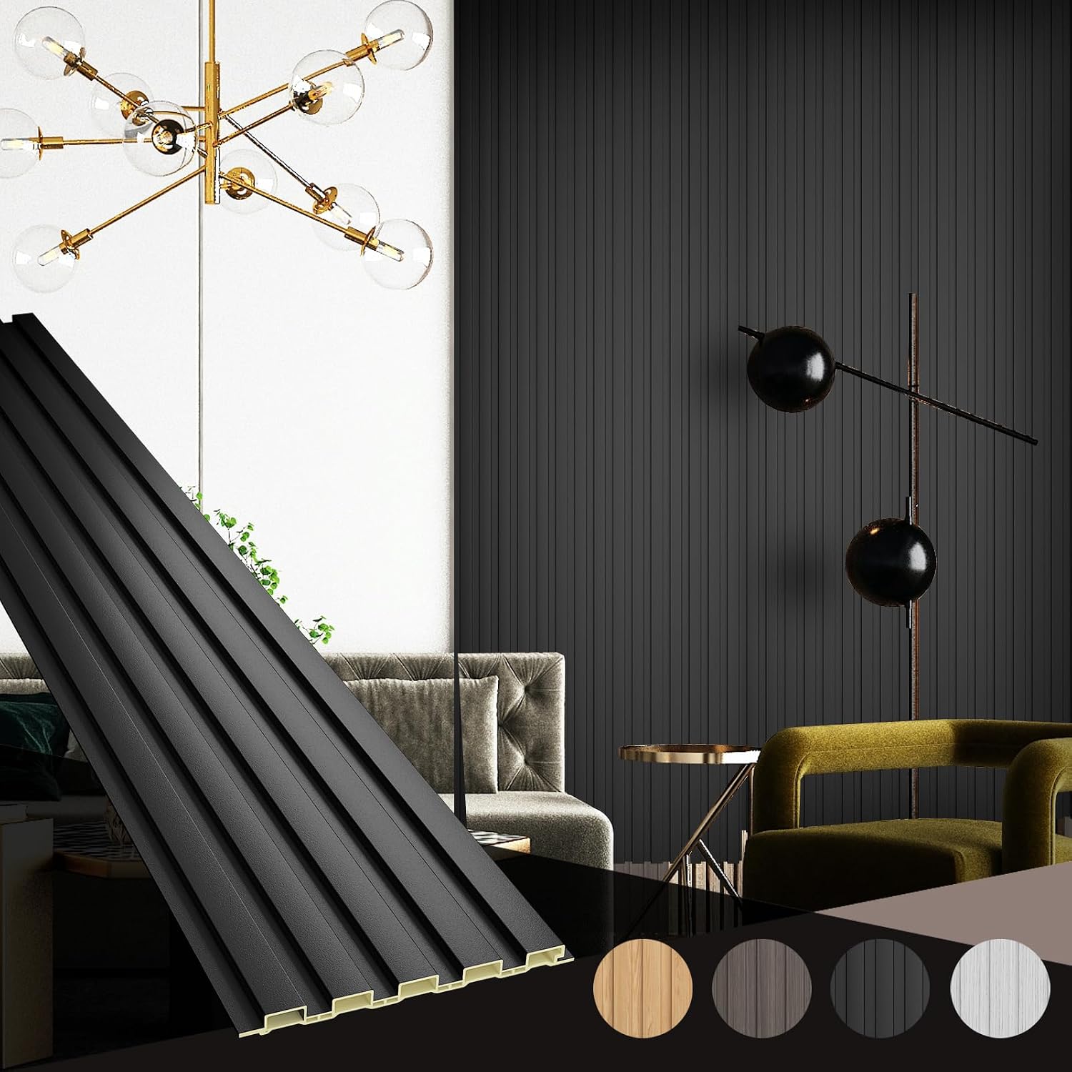 OUZUGIE WPC Acoustic Slat Wall Paneling, 8-Pack 114 x 6 Inches 3D Wall Panels for Interior Wall Decor,Living Room,TV Background,Study Room,Office Spaces,Bedroom,Low Grille (Black)