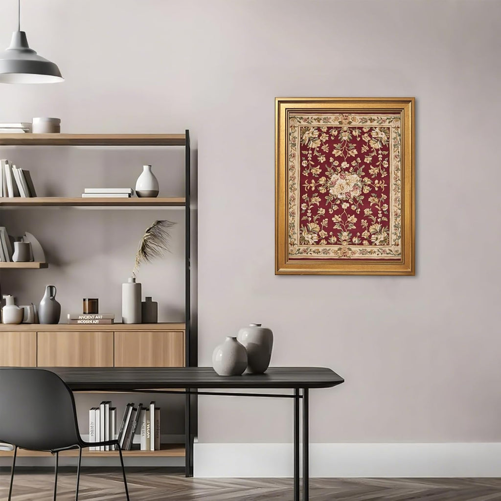 Framed Vintage Red Floral Tapestry Style Canvas Wall Art Antique Botanical Pattern Print Medieval Persian Textile Picture Artwork Traditional Flower Decor for Living Room Bedroom Office 24x36inch