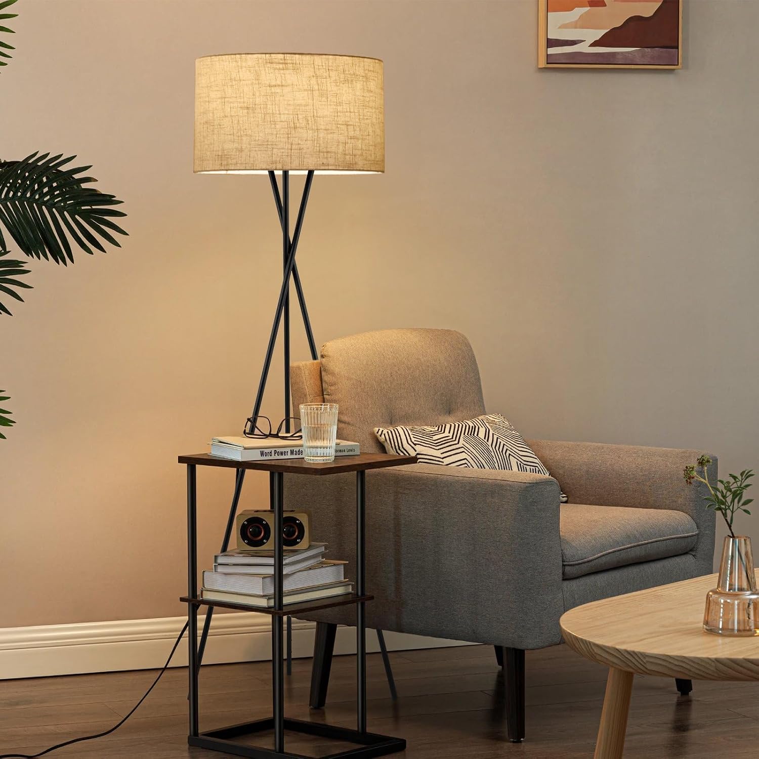 Kira Home Sadie 60' Modern Tripod Floor Lamp with Honey Beige Linen Drum Shade, Mid Century Cross-Leg Standing Light with 9W LED Bulb, Oil Rubbed Bronze Finish