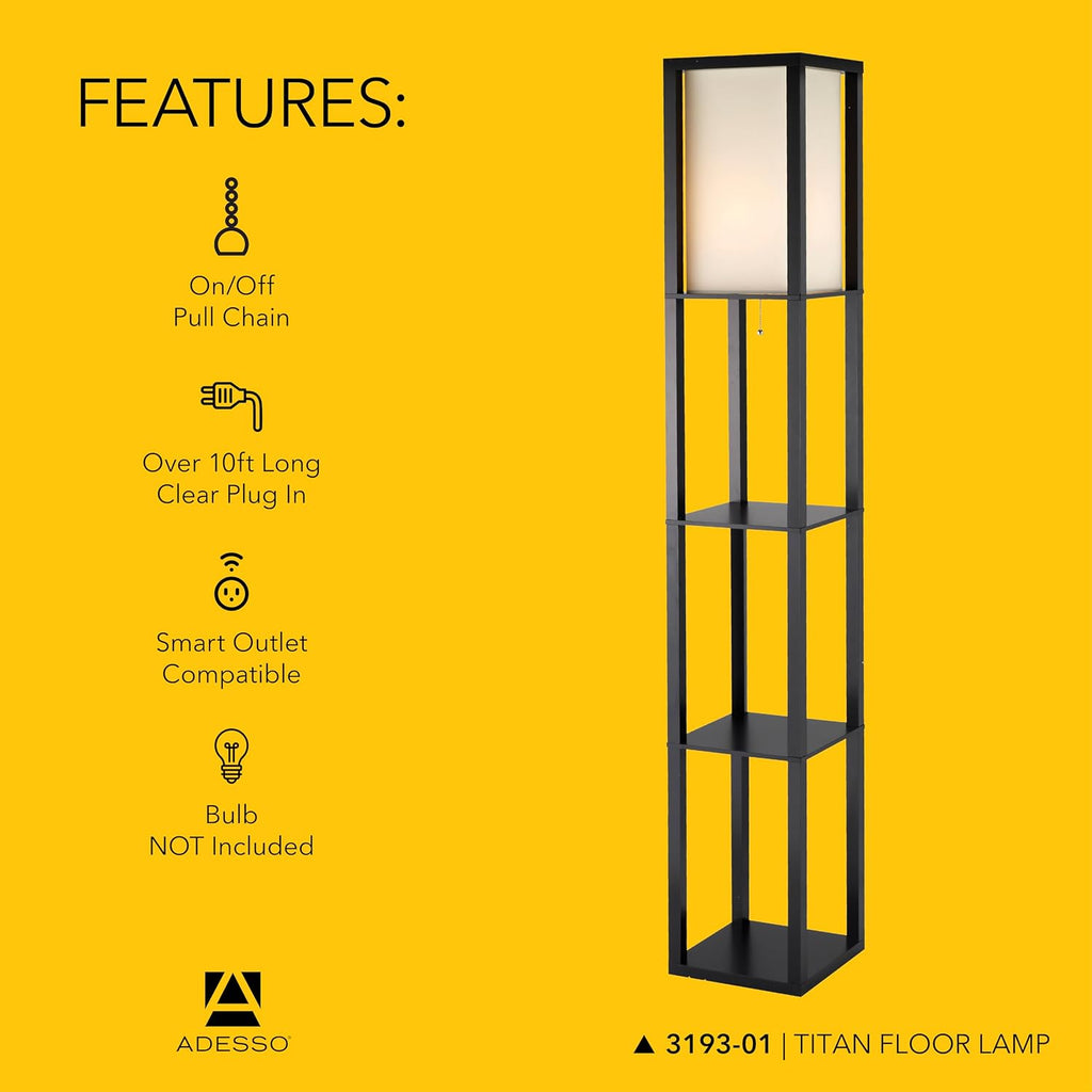 Adesso Square Floor Lamp with 3-Tier Open Shelves, Black Base, Fabric Shade, 72' T x 10.5' W, Extended Length Cord, Enhances Room Decor and Home Lighting