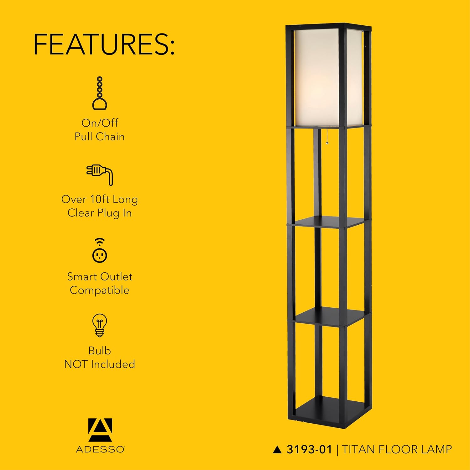 Adesso Square Floor Lamp with 3-Tier Open Shelves, Black Base, Fabric Shade, 72' T x 10.5' W, Extended Length Cord, Enhances Room Decor and Home Lighting