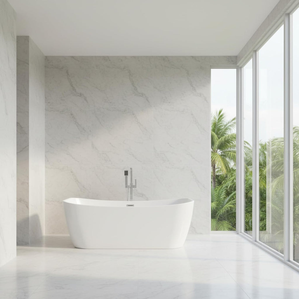 Arles 67' Freestanding Acrylic Bathtub with Chrome Drain, Glossy White Seamless Soaking Tub, Fiberglass Reinforced with Leveling Legs, 68 Gal Capacity