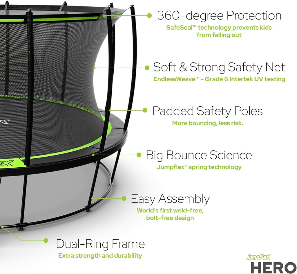 JumpFlex Hero Round Outdoor Backyard Trampoline with Net Safety Enclosure and Ladder - Heavy-Duty Jumping Trampoline Play Equipment for Family
