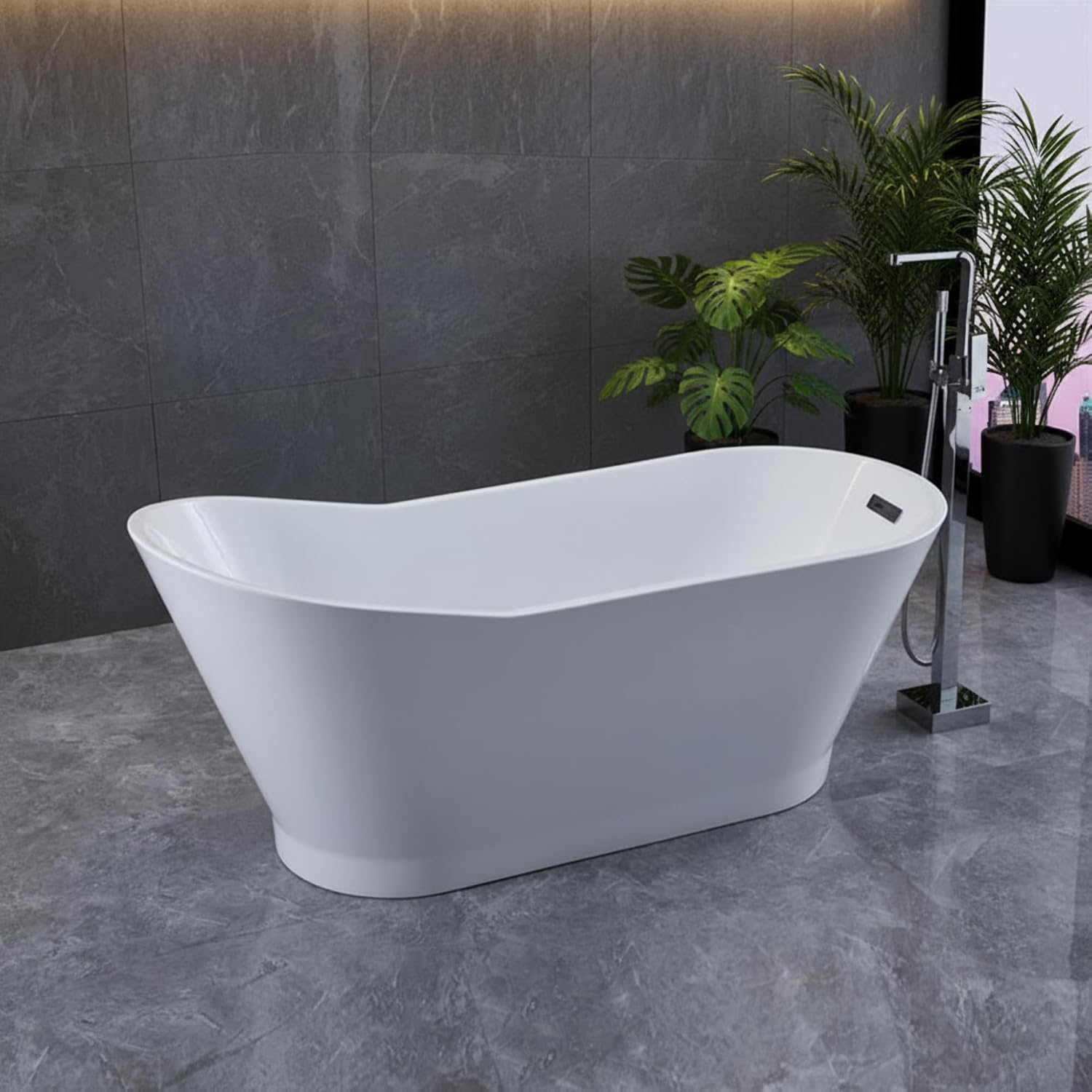 Melun 67' Freestanding Acrylic Bathtub with Chrome Drain, Glossy White Seamless Soaking Tub, Fiberglass Reinforced with Leveling Legs, 52 Gal Capacity