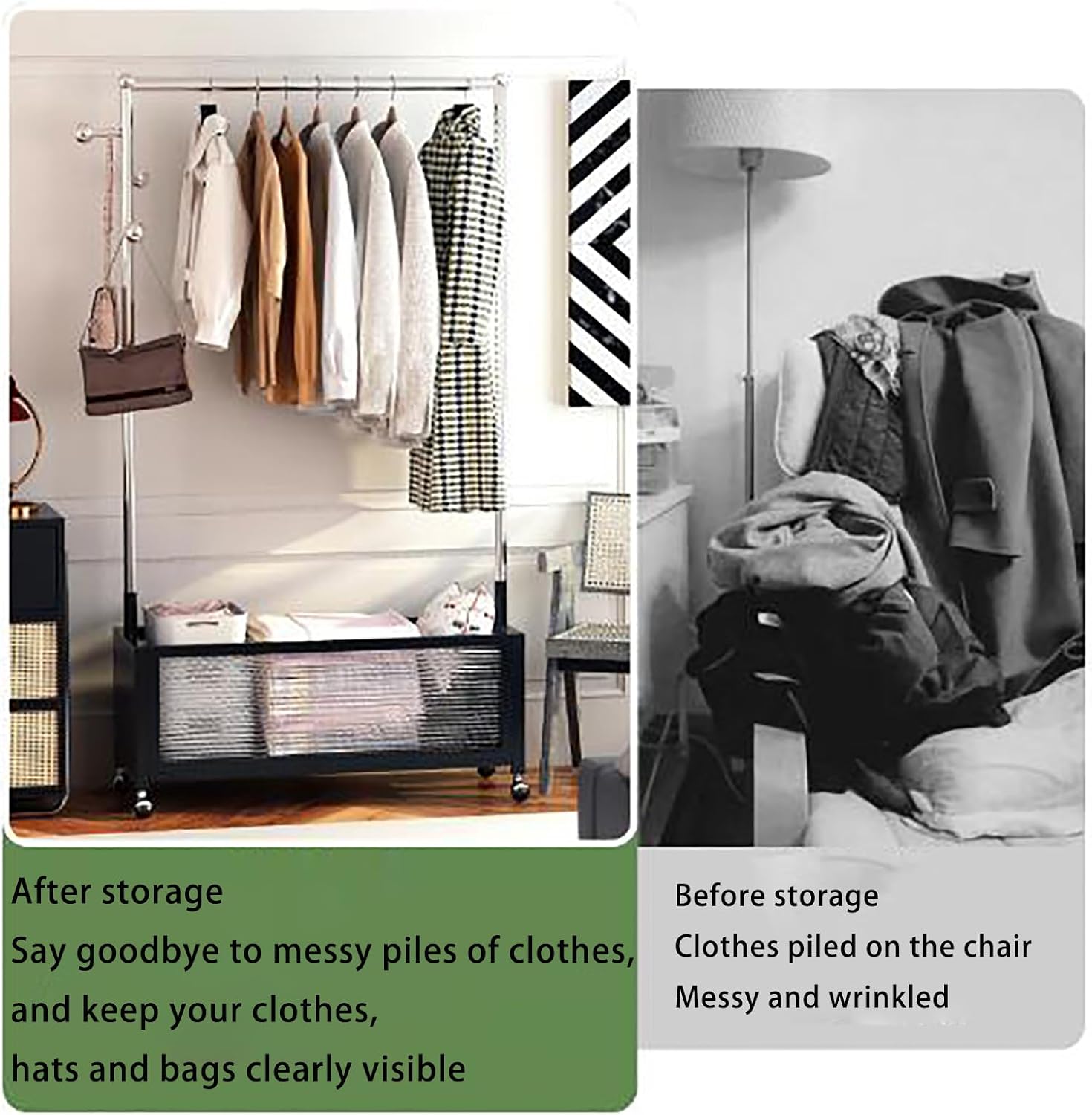 Clothes Rack on wheels, Clothing Rack with Bottom Mesh Storage Shelf, Heavy Duty Garment Racks for Hanging Clothes, for Bedroom Laundry Living Room, Metal Clothing Rack