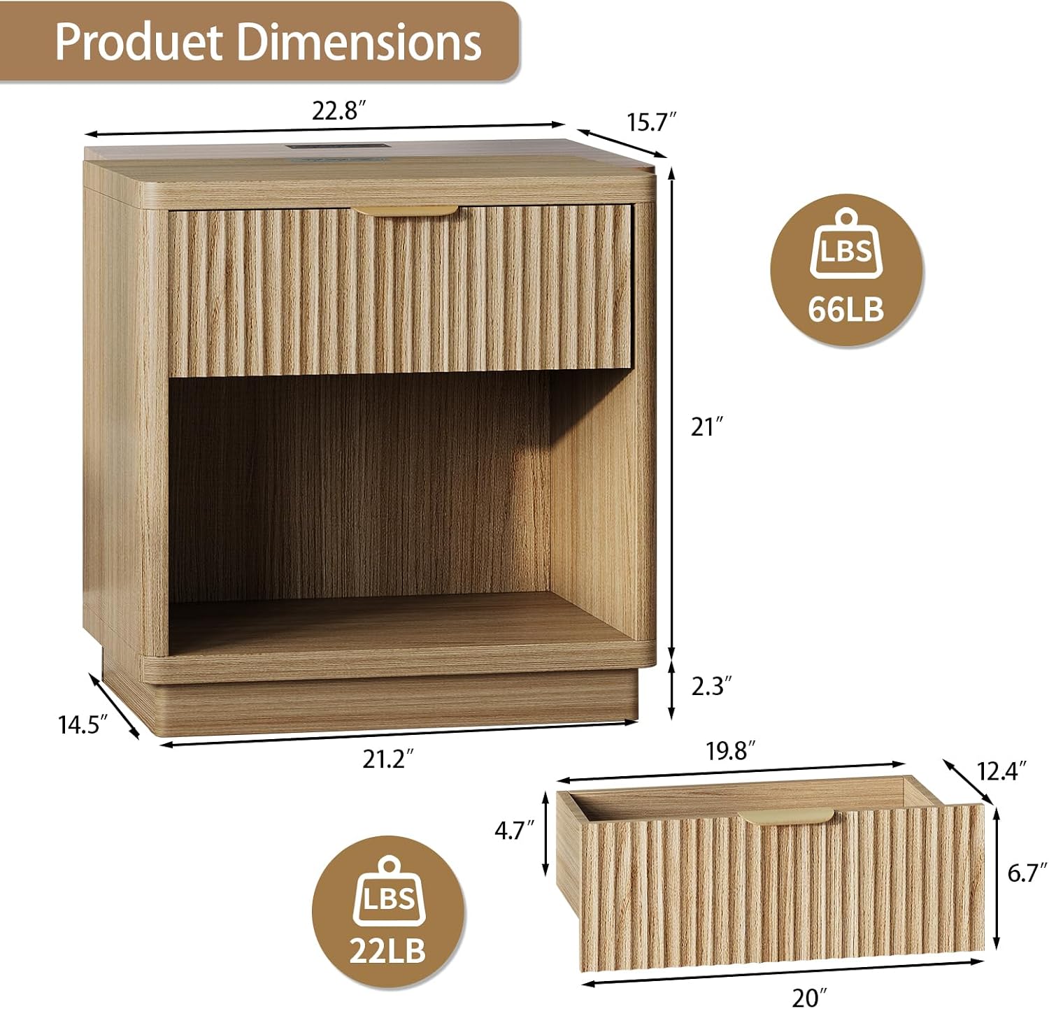 Fluted Night Stand Set of 2 with Charging Station, Wood Bedside Tables with Drawer & Open Shelf, Modern Matching Pair for Bedroom & Living Room,Light Oak