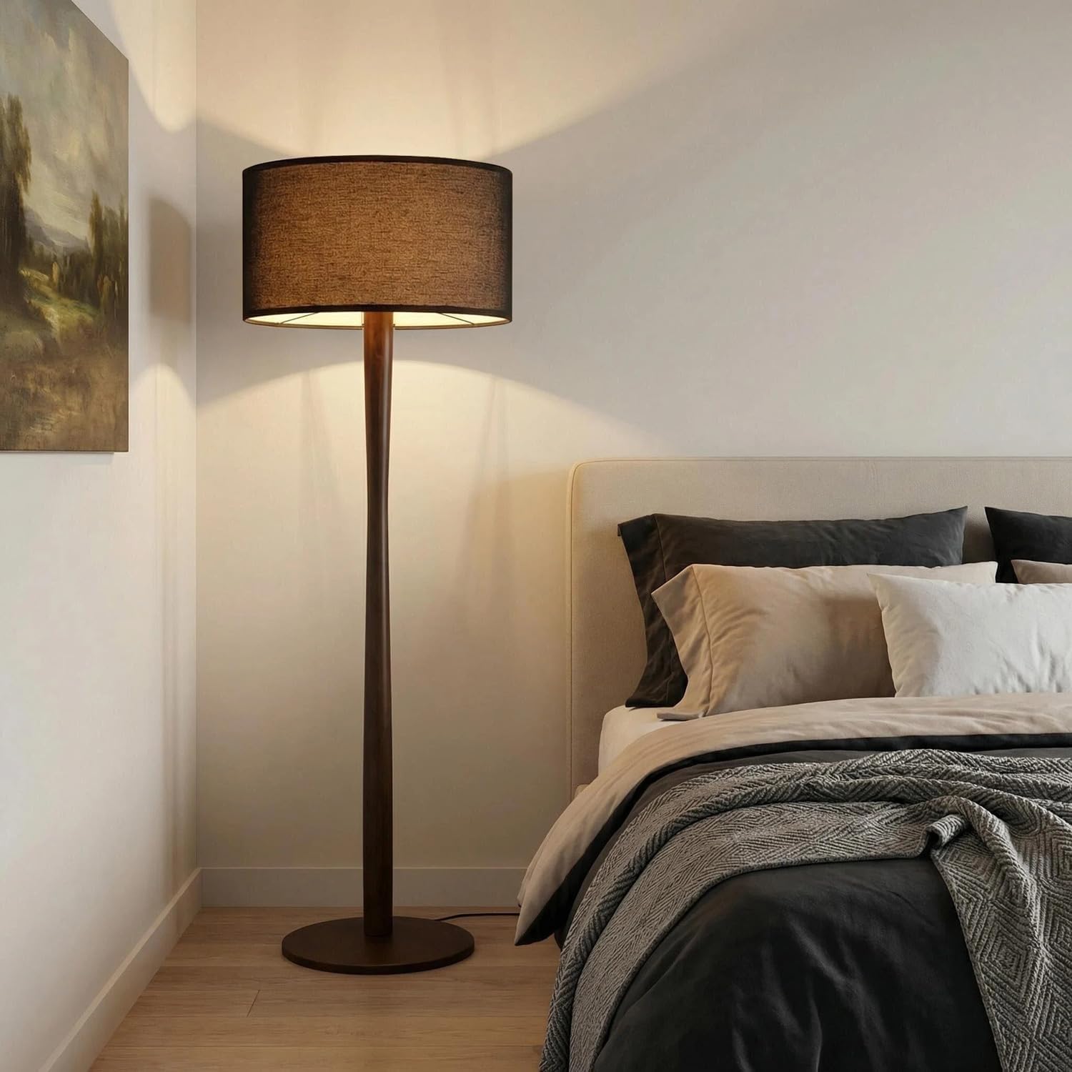 62' Tall Rustic Wood Floor Lamp for Living Room, Farmhouse Walnut Wood Floor Lamps with Linen Shade, UL Listed Standing Lamps with Wooden Base for Bedroom, Dining Room, House, Black Shade