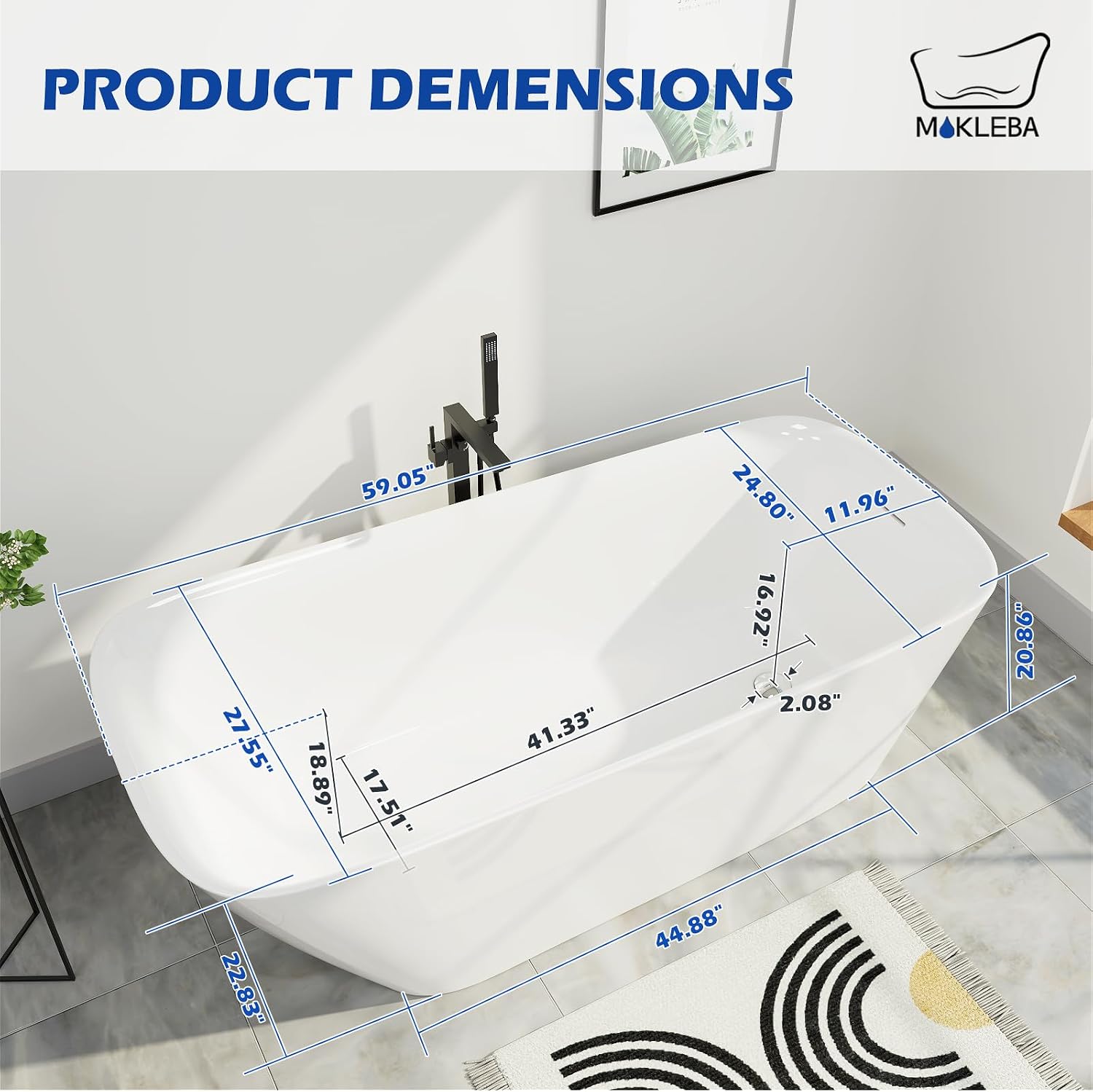 59' Acrylic Freestanding Bathtub, Single Slipper Free Standing Tub, Soaking Tub with Integrated Slotted Overflow, Toe-Tap Chrome Drain, cUPC Certified, Glossy White