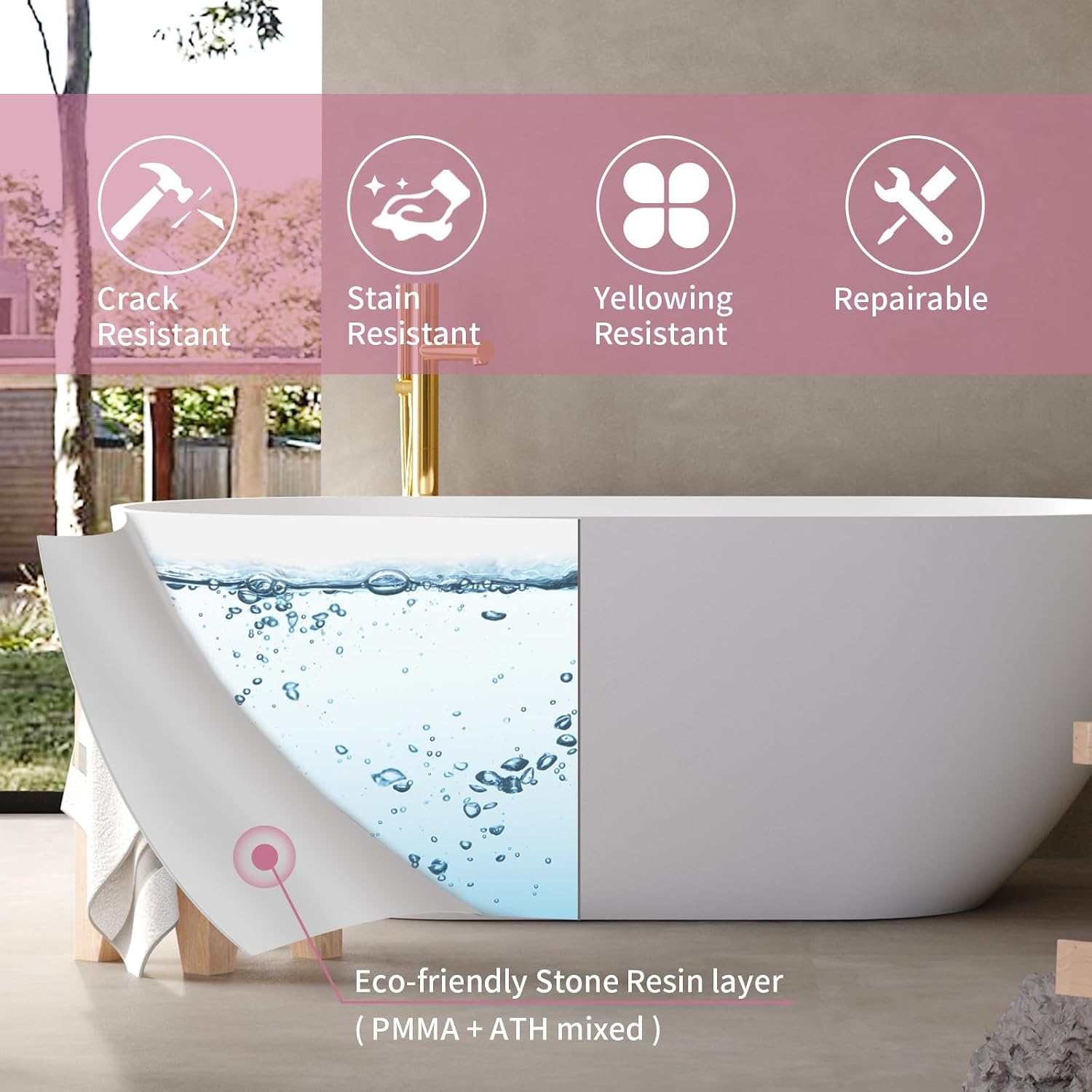 TONA 59' Stone Resin Freestanding Bathtub， Modern Oval Solid Surface Soaking Stand Alone Tub, Matte White, Drain & Overflow Included