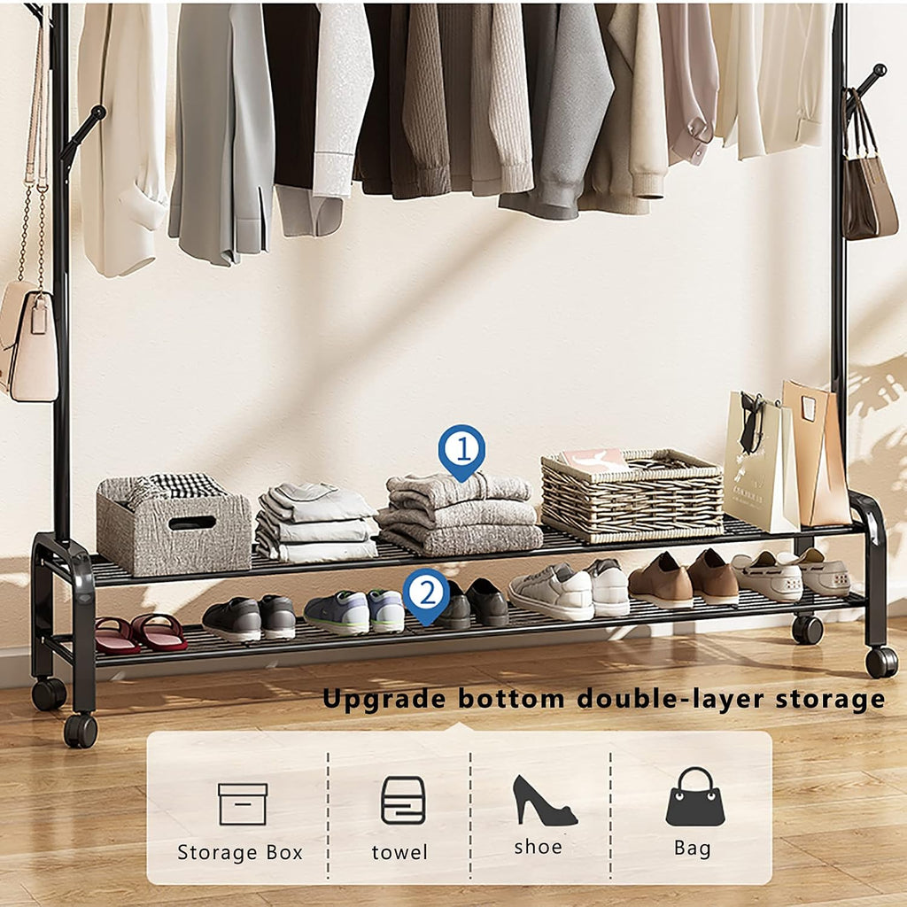 Clothing Rack, Heavy Duty Clothes Rack Portable Garment Rack,with 2-Tier Shelves,5 Side Hooks,Wheels,Multifunctional Storage Shelf Organizer,150x34x173cm