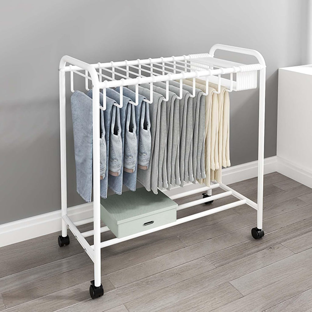 Display Stand Freestanding Pants Hangers Rolling Trolley Trousers Rack, Movable Multifunctional Jeans Hangers Closet Organizer Shelf Metal Garment Rack (White