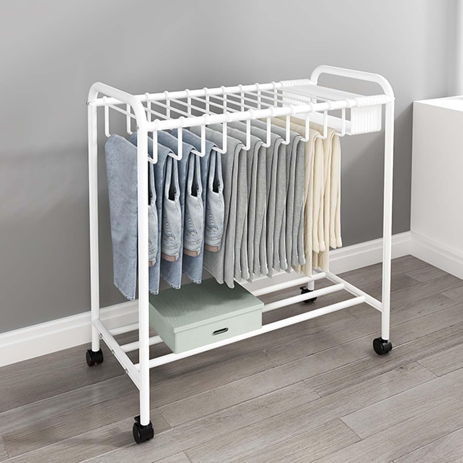 Display Stand Freestanding Pants Hangers Rolling Trolley Trousers Rack, Movable Multifunctional Jeans Hangers Closet Organizer Shelf Metal Garment Rack (White