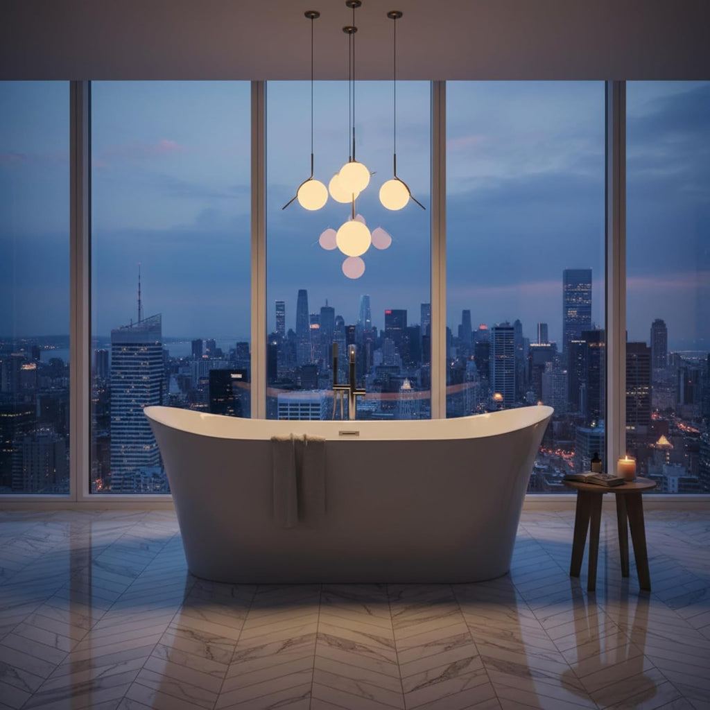 Bergamo 67' Freestanding Acrylic Bathtub with Chrome Drain, Glossy White Seamless Soaking Tub, Fiberglass Reinforced with Leveling Legs, 46 Gal Capacity