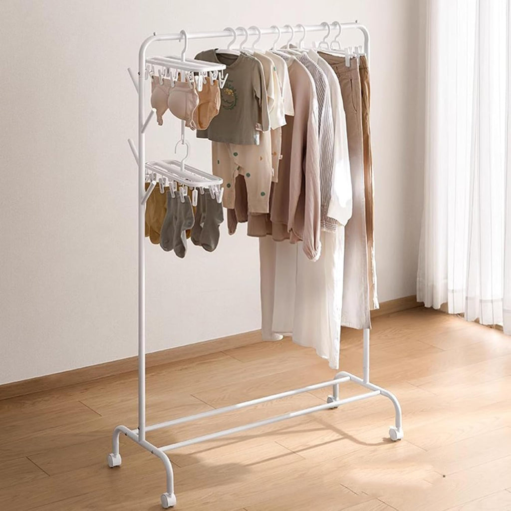 Garment Rack Heavy Duty Clothing Rack with Wheels, White Metal Clothes Rack with Hanging Rod and 4 Hooks, Retail Display Rack for Hanging Clothes, Portable Clothes Organizer for Bedroom