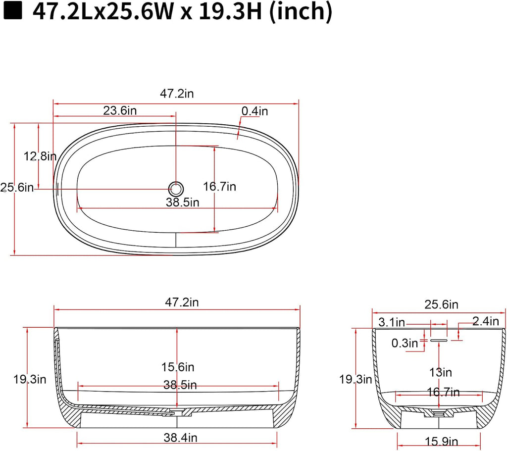47'' Freestanding Bathtub Resin Stone Soaking Bathtub Solid Tubs with Overflow and Pop up Drain