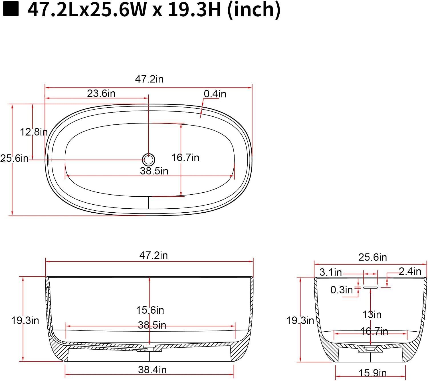 47'' Freestanding Bathtub Resin Stone Soaking Bathtub Solid Tubs with Overflow and Pop up Drain