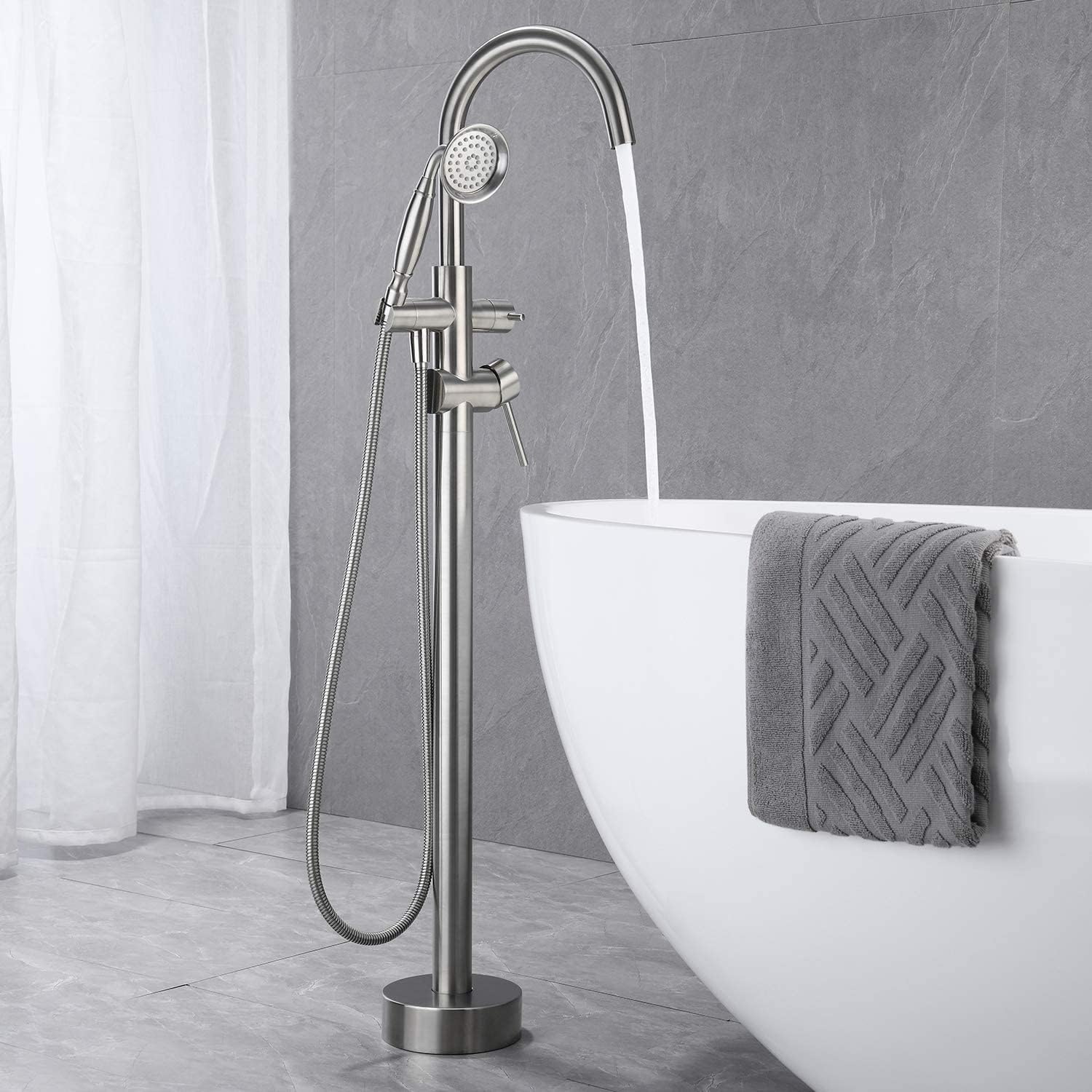 Gecheer Freestanding Tub Filler Faucet with Handheld Shower, Brushed Nickel Floor-Mount Bathtub Faucet, 360° Gooseneck Spout, 6 GPM Flow Rate, Includes 59' Stainless Steel Hose