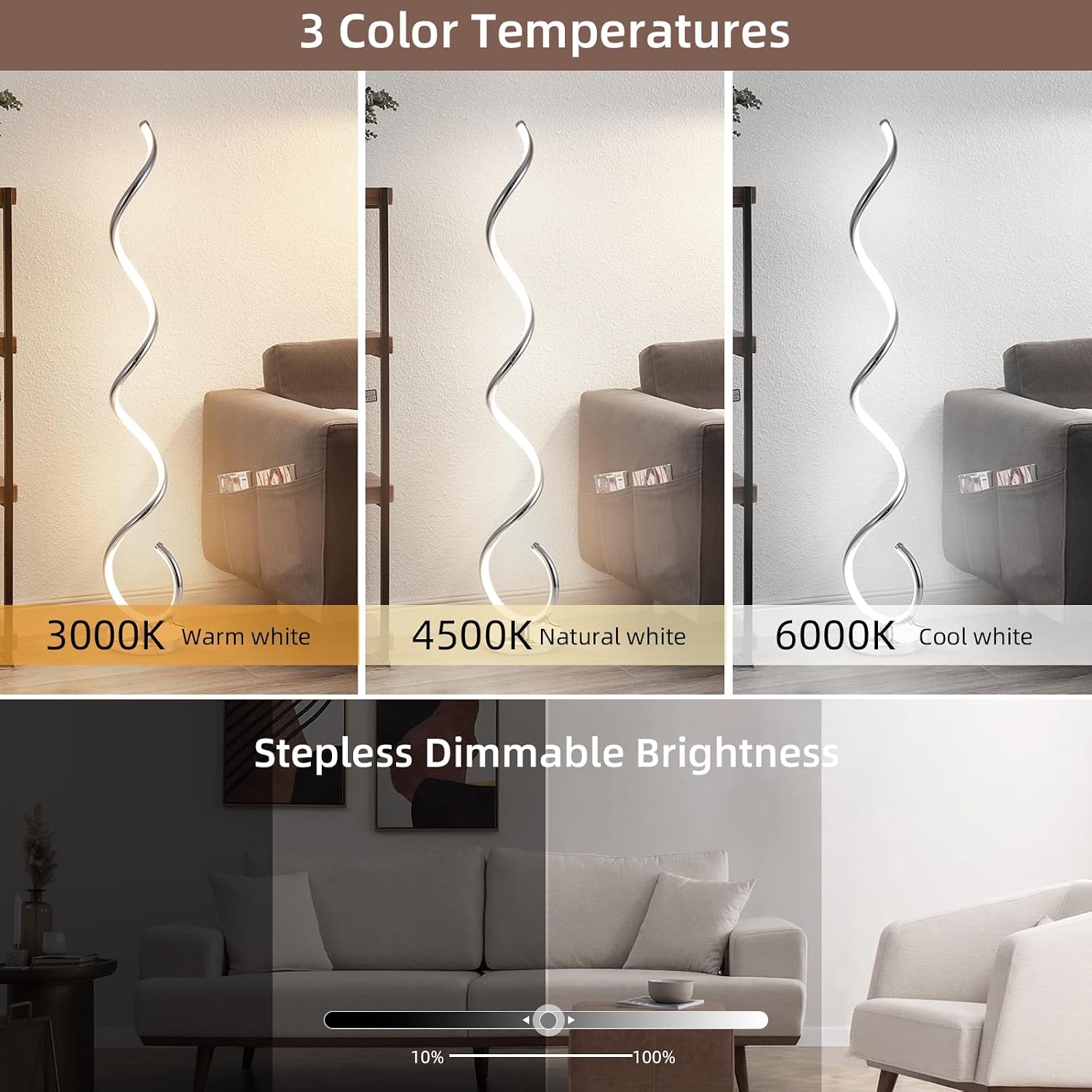 EIDISUNY Modern Floor Lamp for Living Room, 3 Color Temperature LED Spiral Floor Lamps with Remote&Foot Switch, 48W Dimmable LED Standing Lamp for Bedroom, Office