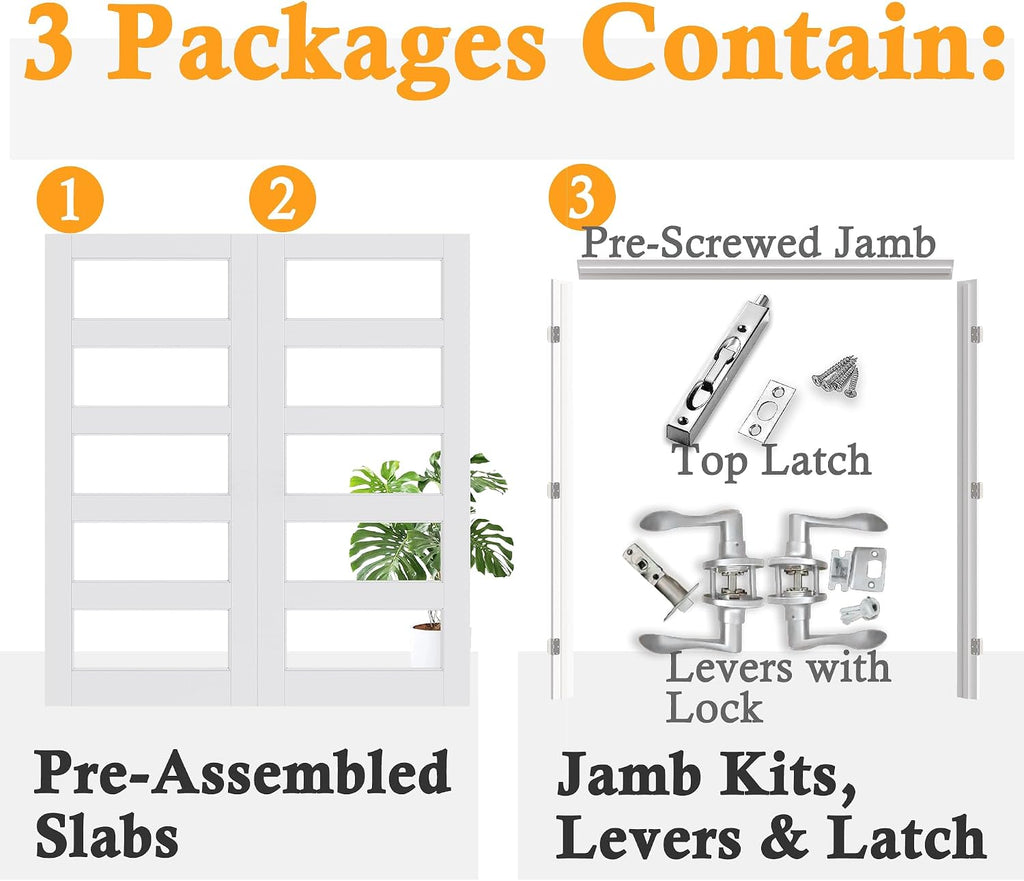 Prehung French Door 72' x 80' (2x36 in), 5-Lite Tempered Clear Glass Door Slabs with Jamb, Silver Hinges, 4 Levers & Latch, Solid Core Interior Door, Pre-Finished & Paintable,Double Doors Interior