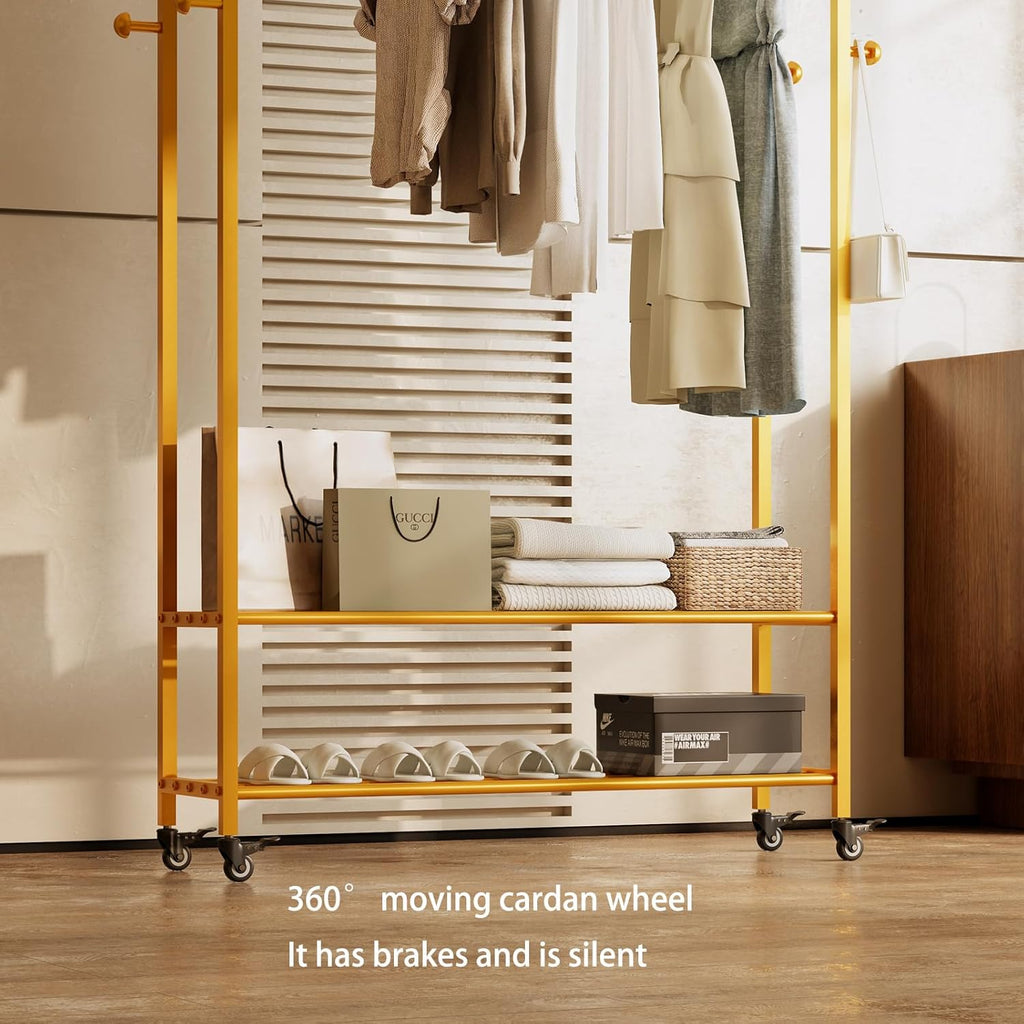 Sturdy Heavy Duty Clothes Rack With Wheels,Modern Clothing Rack With Shelves & hooks, Garment Racks for Hanging Clothes,Closet Rack for Bedroom,49.21in Wide,Clothes Storage and Display (gold)
