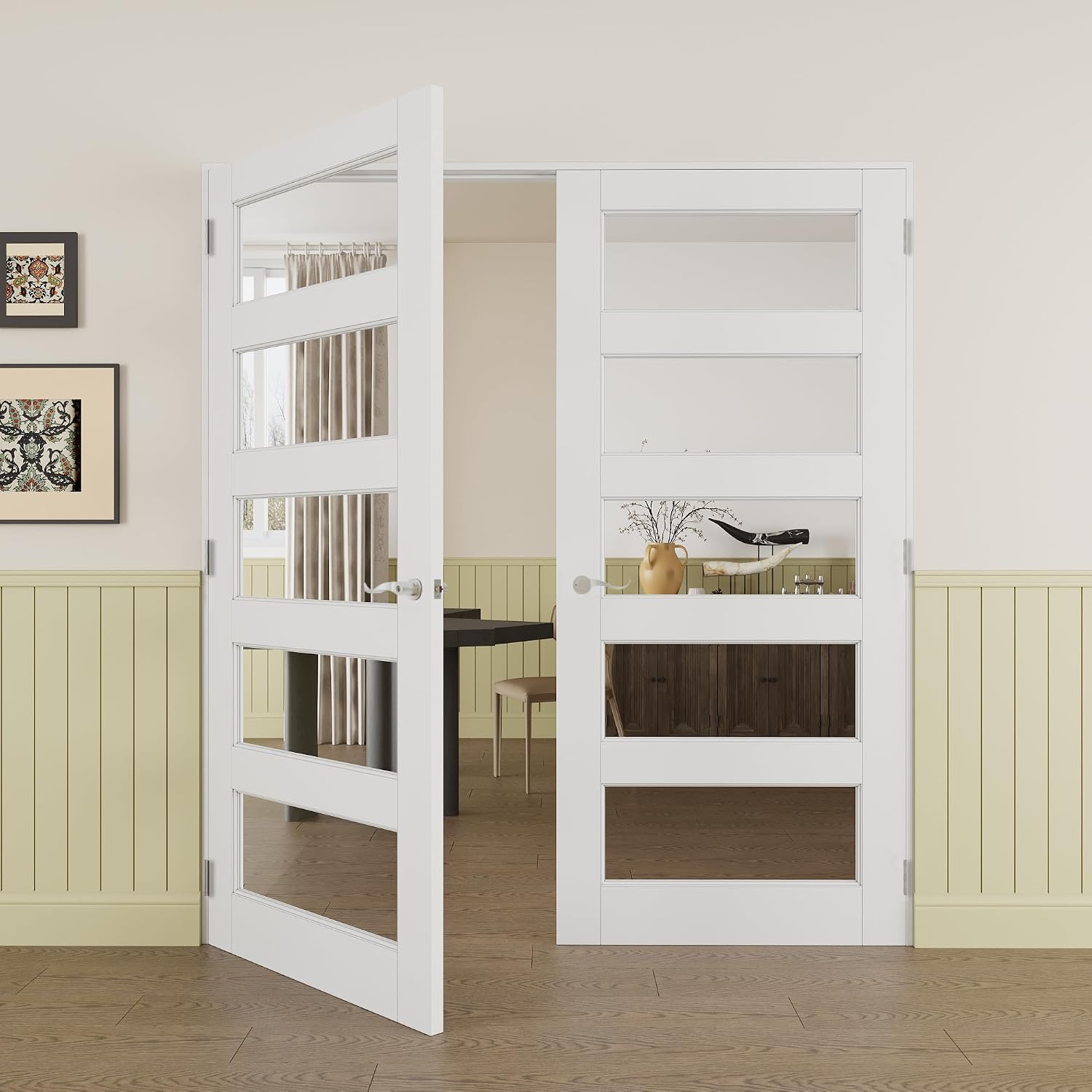 Prehung French Door 72' x 80' (2x36 in), 5-Lite Tempered Clear Glass Door Slabs with Jamb, Silver Hinges, 4 Levers & Latch, Solid Core Interior Door, Pre-Finished & Paintable,Double Doors Interior