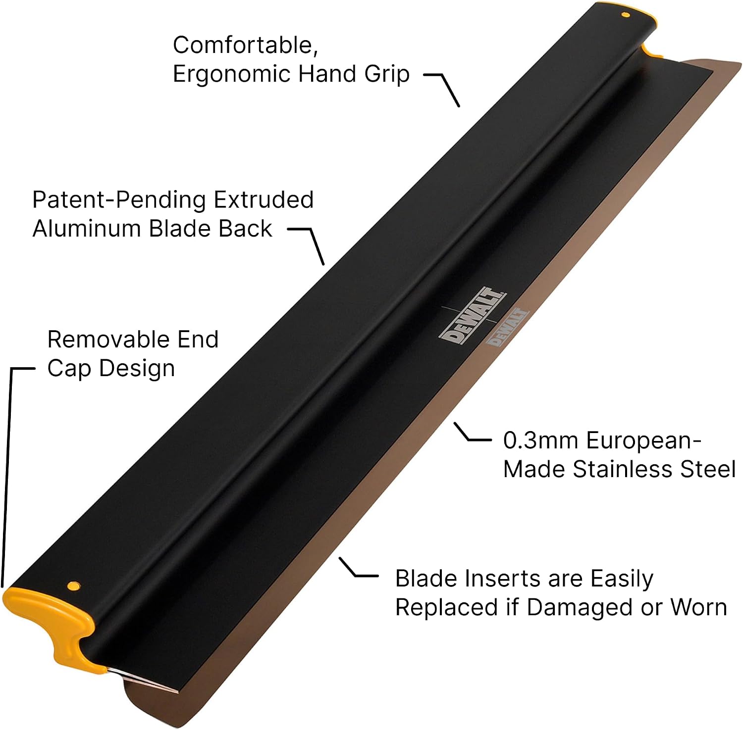 DEWALT Drywall Skimming Blade, 40-Inches | Pro-Grade | Extruded Aluminum & European Stainless Steel Construction | High-Impact End Caps | Sheetrock Gyprock Wall-Board Plasterboard | DXTT-2-940
