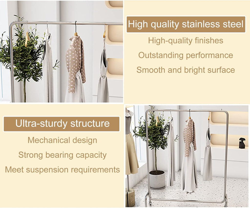 Clothing Rack Rolling Display Garment Rack, Retail Garment Hanging Bar Clothing Storage Shelving Unit, Modern High-Grade Stainless Steel Organizer Wardrobe (One Color-80x40x150CM
